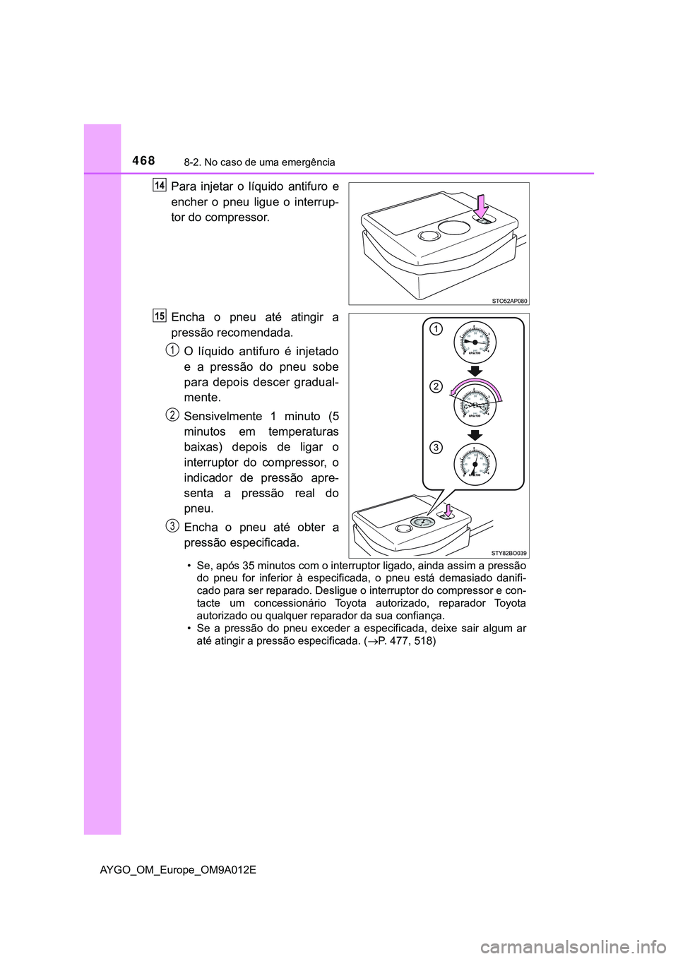 TOYOTA AYGO 2021  Manual de utilização (in Portuguese) 4688-2. No caso de uma emergência
AYGO_OM_Europe_OM9A012E
Para injetar o líquido antifuro e
encher o pneu ligue o interrup-
tor do compressor.
Encha o pneu até atingir a
pressão recomendada.
O lí
