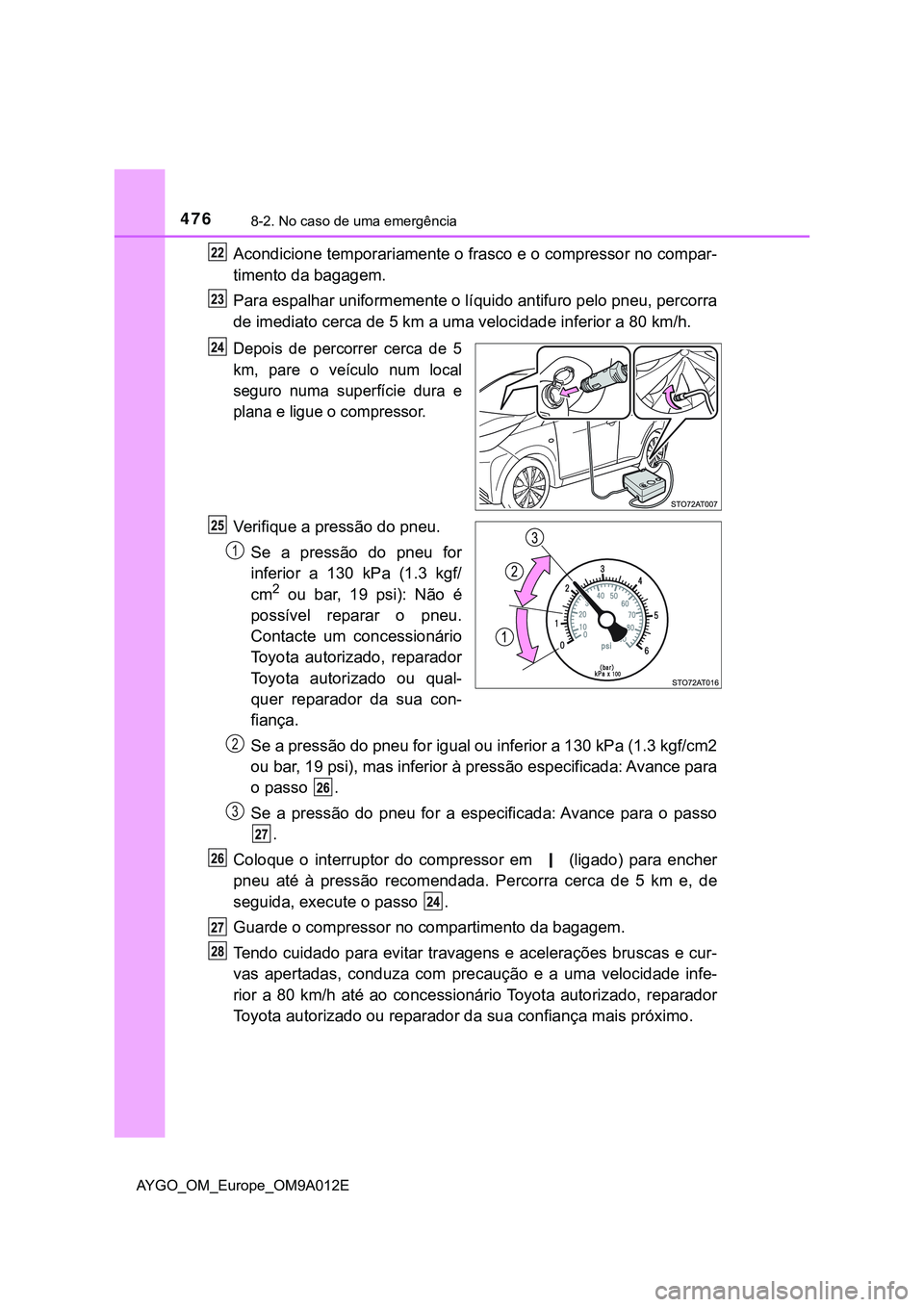 TOYOTA AYGO 2021 Manual de utilização (in Portuguese) 4768-2. No caso de uma emergência
AYGO_OM_Europe_OM9A012E
Acondicione temporariamente o frasco e o compressor no compar-
timento da bagagem.
Para espalhar uniformemente o líquido antifuro pelo pneu, TOYOTA AYGO 2021 Manual de utilização (in Portuguese) 4768-2. No caso de uma emergência
AYGO_OM_Europe_OM9A012E
Acondicione temporariamente o frasco e o compressor no compar-
timento da bagagem.
Para espalhar uniformemente o líquido antifuro pelo pneu,