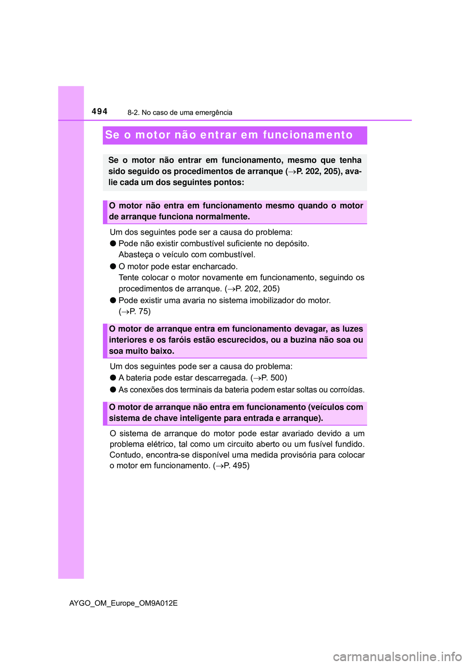 TOYOTA AYGO 2021 Manual de utilização (in Portuguese) 4948-2. No caso de uma emergência
AYGO_OM_Europe_OM9A012E
Se o motor não entrar em funcionamento
Um dos seguintes pode ser a causa do problema:
Pode não existir combustível suficiente no depós TOYOTA AYGO 2021 Manual de utilização (in Portuguese) 4948-2. No caso de uma emergência
AYGO_OM_Europe_OM9A012E
Se o motor não entrar em funcionamento
Um dos seguintes pode ser a causa do problema:
Pode não existir combustível suficiente no depós