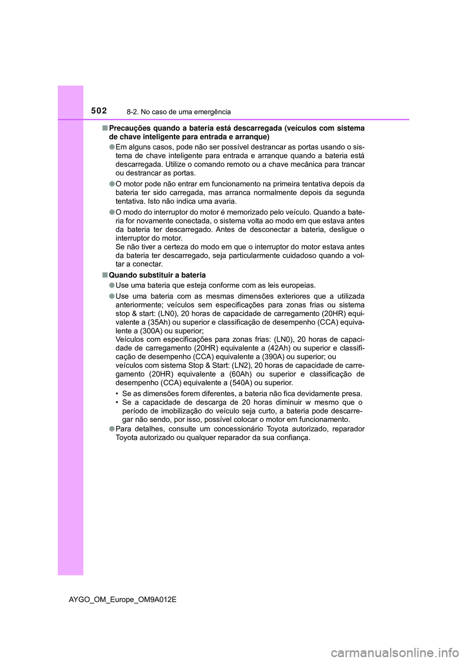 TOYOTA AYGO 2021 Manual de utilização (in Portuguese) 5028-2. No caso de uma emergência
AYGO_OM_Europe_OM9A012EPrecauções quando a bateria está descarregada (veículos com sistema
de chave inteligente para entrada e arranque)
Em alguns casos, p TOYOTA AYGO 2021 Manual de utilização (in Portuguese) 5028-2. No caso de uma emergência
AYGO_OM_Europe_OM9A012EPrecauções quando a bateria está descarregada (veículos com sistema
de chave inteligente para entrada e arranque)
Em alguns casos, p