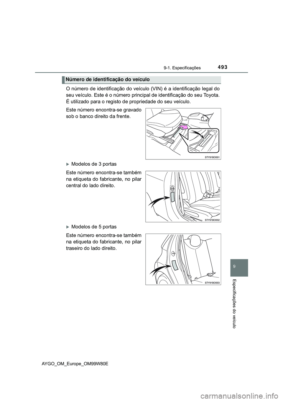 TOYOTA AYGO 2021  Manual de utilização (in Portuguese) 4939-1. Especificações
9
Especificações do veículo
AYGO_OM_Europe_OM99W80E
O número de identificação do veículo (VIN) é a identificação legal do
seu veículo. Este é o número principal d