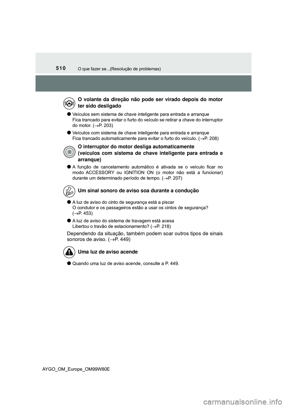 TOYOTA AYGO 2021 Manual de utilização (in Portuguese) 510O que fazer se...(Resolução de problemas)
AYGO_OM_Europe_OM99W80E
Veículos sem sistema de chave inteligente para entrada e arranque
Fica trancado para evitar o furto do veículo se retirar a TOYOTA AYGO 2021 Manual de utilização (in Portuguese) 510O que fazer se...(Resolução de problemas)
AYGO_OM_Europe_OM99W80E
Veículos sem sistema de chave inteligente para entrada e arranque
Fica trancado para evitar o furto do veículo se retirar a