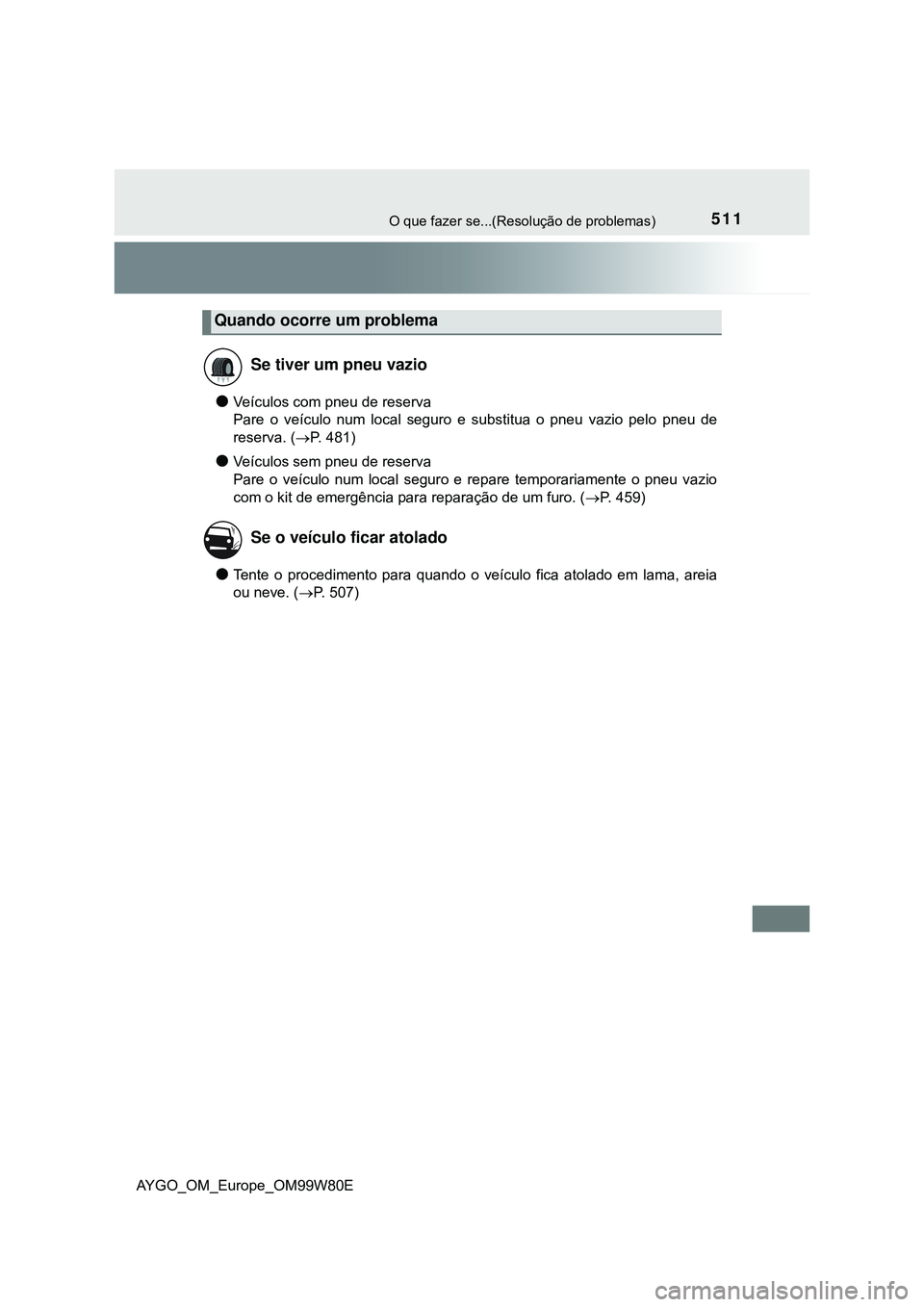 TOYOTA AYGO 2021 Manual de utilização (in Portuguese) 511O que fazer se...(Resolução de problemas)
AYGO_OM_Europe_OM99W80E
Veículos com pneu de reserva
Pare o veículo num local seguro e substitua o pneu vazio pelo pneu de
reserva. (P. 481)
TOYOTA AYGO 2021 Manual de utilização (in Portuguese) 511O que fazer se...(Resolução de problemas)
AYGO_OM_Europe_OM99W80E
Veículos com pneu de reserva
Pare o veículo num local seguro e substitua o pneu vazio pelo pneu de
reserva. (P. 481)
