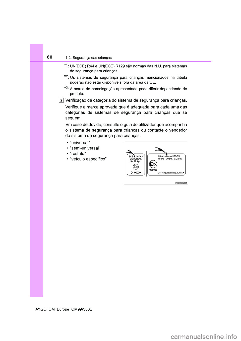 TOYOTA AYGO 2021 Manual de utilização (in Portuguese) 601-2. Segurança das crianças
AYGO_OM_Europe_OM99W80E
*1: UN(ECE) R44 e UN(ECE) R129 são normas das N.U. para sistemas
de segurança para crianças.
*2: Os sistemas de segurança para crianças men TOYOTA AYGO 2021 Manual de utilização (in Portuguese) 601-2. Segurança das crianças
AYGO_OM_Europe_OM99W80E
*1: UN(ECE) R44 e UN(ECE) R129 são normas das N.U. para sistemas
de segurança para crianças.
*2: Os sistemas de segurança para crianças men