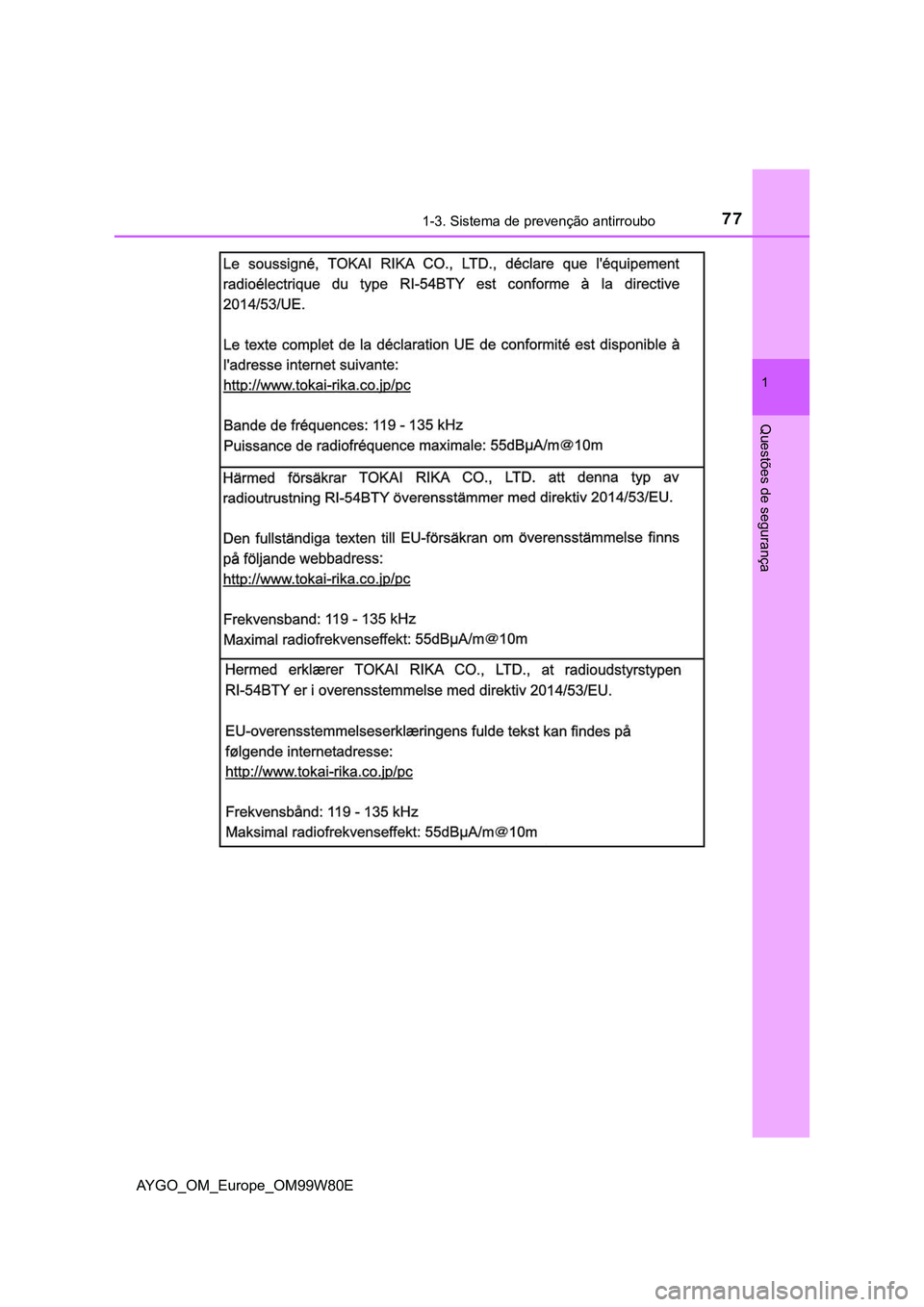 TOYOTA AYGO 2021  Manual de utilização (in Portuguese) 771-3. Sistema de prevenção antirroubo
1
Questões de segurança
AYGO_OM_Europe_OM99W80E 