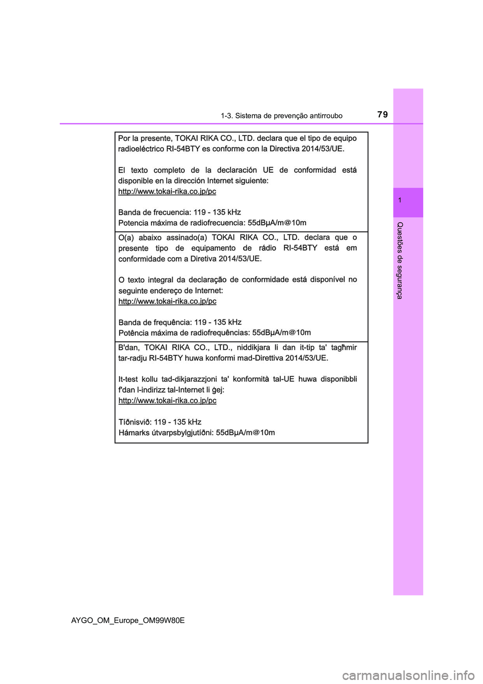 TOYOTA AYGO 2021  Manual de utilização (in Portuguese) 791-3. Sistema de prevenção antirroubo
1
Questões de segurança
AYGO_OM_Europe_OM99W80E 