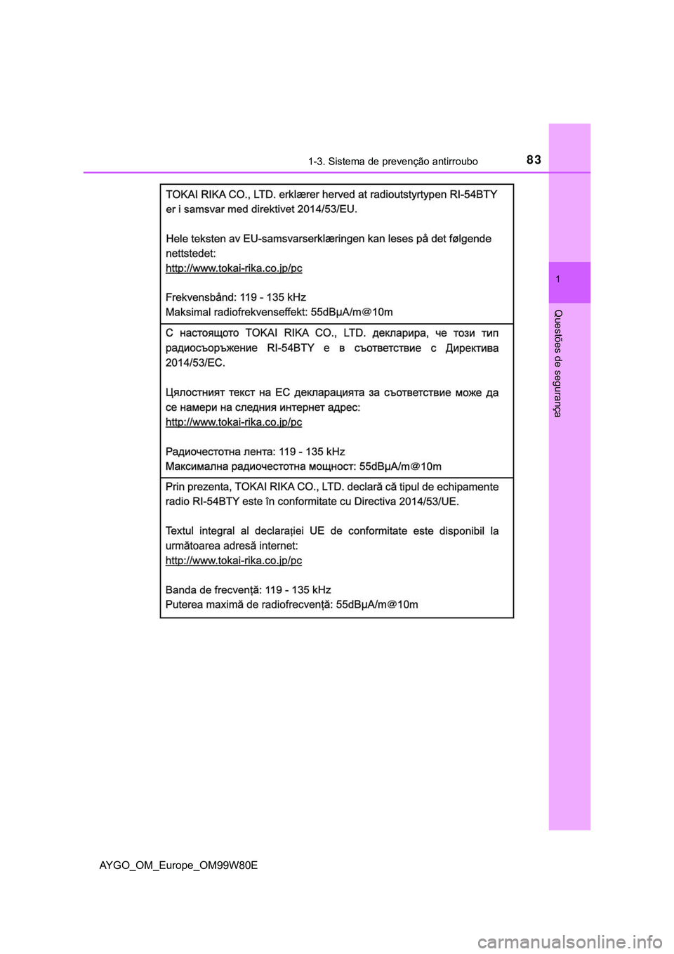 TOYOTA AYGO 2021  Manual de utilização (in Portuguese) 831-3. Sistema de prevenção antirroubo
1
Questões de segurança
AYGO_OM_Europe_OM99W80E 