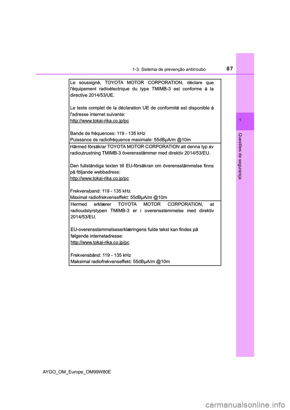 TOYOTA AYGO 2021  Manual de utilização (in Portuguese) 871-3. Sistema de prevenção antirroubo
1
Questões de segurança
AYGO_OM_Europe_OM99W80E 