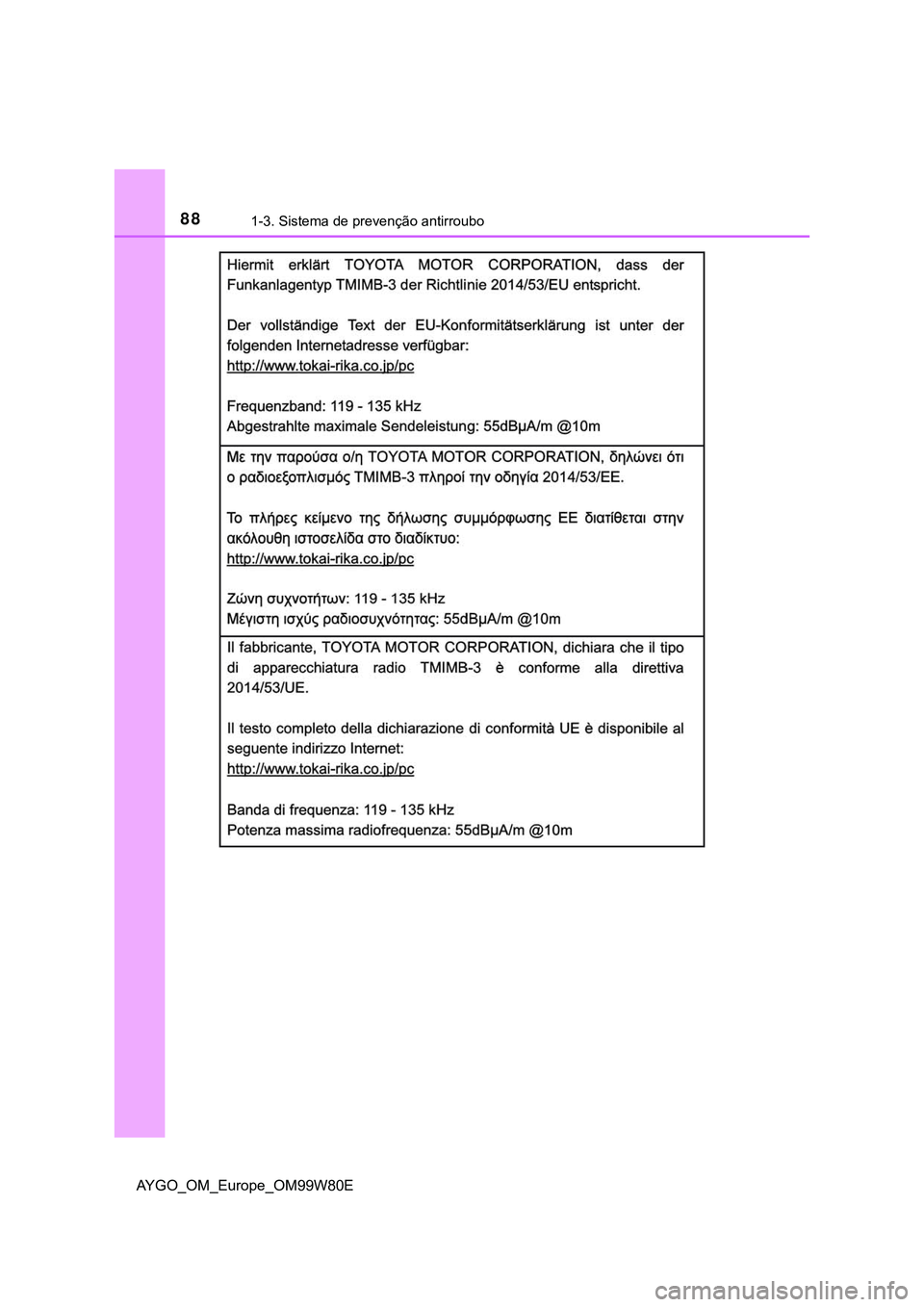 TOYOTA AYGO 2021  Manual de utilização (in Portuguese) 881-3. Sistema de prevenção antirroubo
AYGO_OM_Europe_OM99W80E 