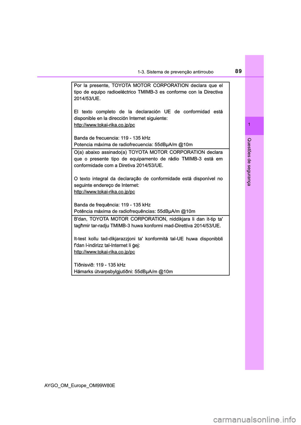 TOYOTA AYGO 2021  Manual de utilização (in Portuguese) 891-3. Sistema de prevenção antirroubo
1
Questões de segurança
AYGO_OM_Europe_OM99W80E 