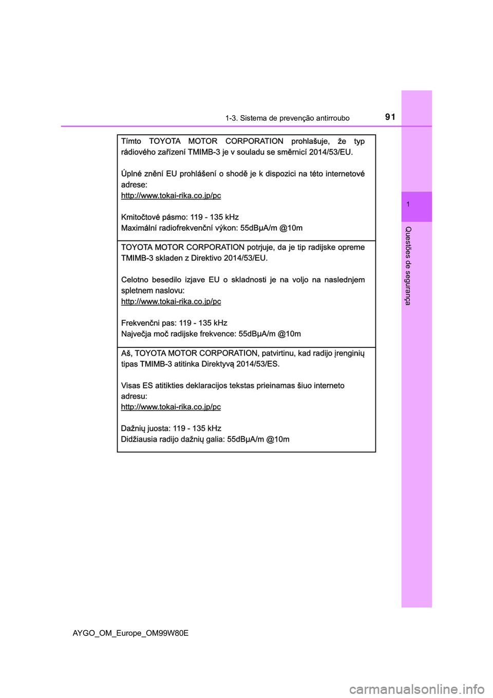 TOYOTA AYGO 2021  Manual de utilização (in Portuguese) 911-3. Sistema de prevenção antirroubo
1
Questões de segurança
AYGO_OM_Europe_OM99W80E 