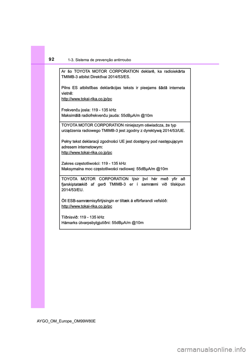 TOYOTA AYGO 2021  Manual de utilização (in Portuguese) 921-3. Sistema de prevenção antirroubo
AYGO_OM_Europe_OM99W80E 