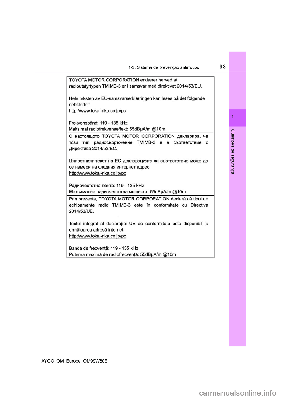 TOYOTA AYGO 2021  Manual de utilização (in Portuguese) 931-3. Sistema de prevenção antirroubo
1
Questões de segurança
AYGO_OM_Europe_OM99W80E 