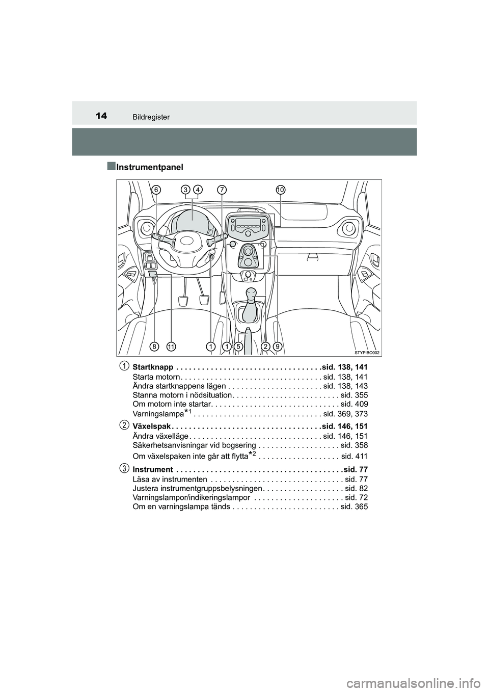 TOYOTA AYGO 2021 Bruksanvisningar (in Swedish) 14Bildregister
AYGO Europe OM9A012SE
nInstrumentpanel
Startknapp . . . . . . . . . . . . . . . . . . . . . . . . . . . . . . . . . . sid. 138, 141
Starta motorn . . . . . . . . . . . . . . . . . . . TOYOTA AYGO 2021 Bruksanvisningar (in Swedish) 14Bildregister
AYGO Europe OM9A012SE
nInstrumentpanel
Startknapp . . . . . . . . . . . . . . . . . . . . . . . . . . . . . . . . . . sid. 138, 141
Starta motorn . . . . . . . . . . . . . . . . . . .