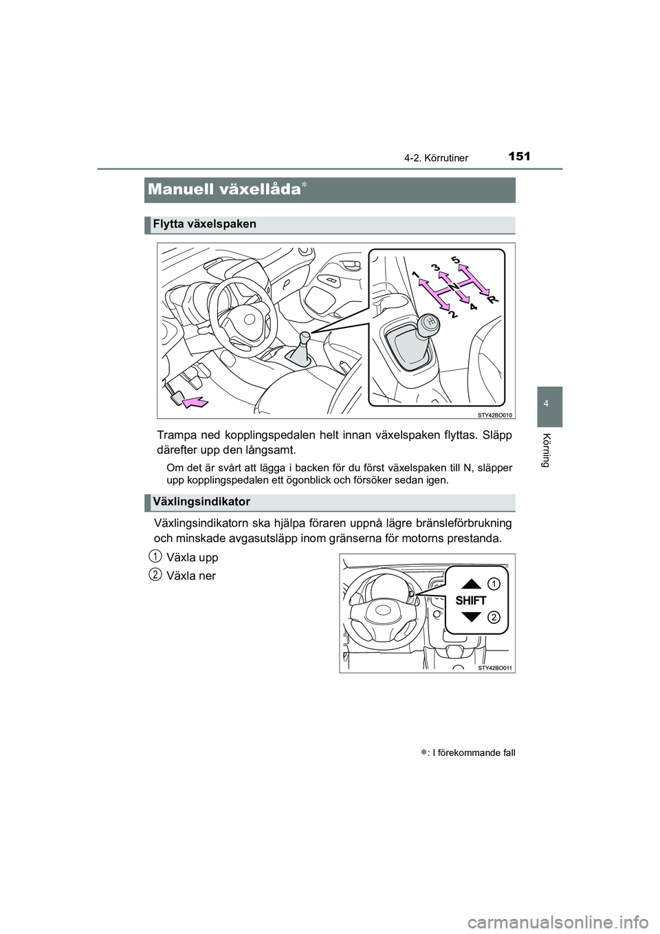 TOYOTA AYGO 2021  Bruksanvisningar (in Swedish) 151
4
4-2. Körrutiner
Körning
AYGO Europe OM9A012SE
Manuell växellåda
Trampa ned kopplingspedalen helt innan växelspaken flyttas. Släpp
därefter upp den långsamt.
Om det är svårt att läg
