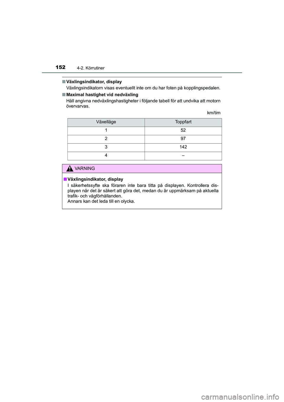 TOYOTA AYGO 2021 Bruksanvisningar (in Swedish) 1524-2. Körrutiner
AYGO Europe OM9A012SE
nVäxlingsindikator, display
Växlingsindikatorn visas eventuellt inte om du har foten på kopplingspedalen.
n Maximal hastighet vid nedväxling
Håll angivna TOYOTA AYGO 2021 Bruksanvisningar (in Swedish) 1524-2. Körrutiner
AYGO Europe OM9A012SE
nVäxlingsindikator, display
Växlingsindikatorn visas eventuellt inte om du har foten på kopplingspedalen.
n Maximal hastighet vid nedväxling
Håll angivna