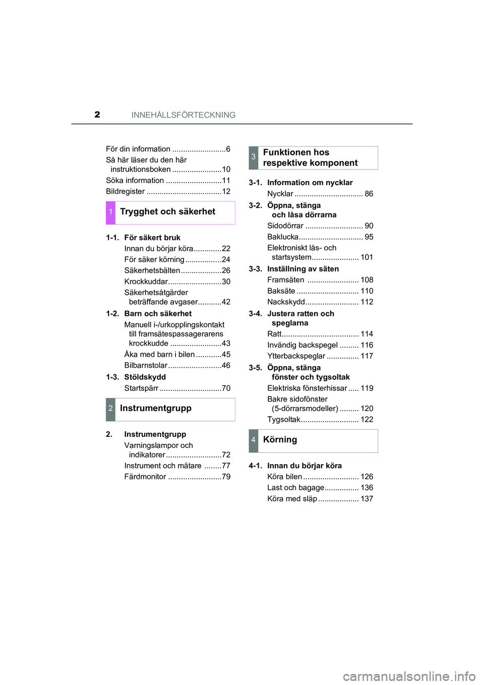 TOYOTA AYGO 2021 Bruksanvisningar (in Swedish) INNEHÅLLSFÖRTECKNING2
AYGO Europe OM9A012SEFör din information .........................6
Så här läser du den här
instruktionsboken .......................10
Söka information ................ TOYOTA AYGO 2021 Bruksanvisningar (in Swedish) INNEHÅLLSFÖRTECKNING2
AYGO Europe OM9A012SEFör din information .........................6
Så här läser du den här
instruktionsboken .......................10
Söka information ................