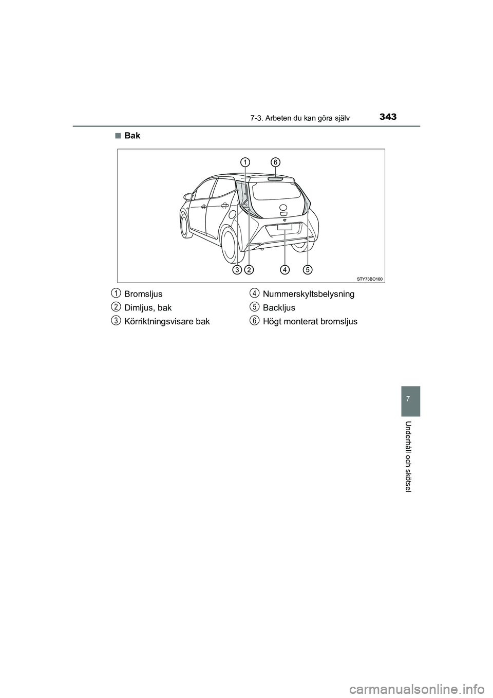 TOYOTA AYGO 2021  Bruksanvisningar (in Swedish) 3437-3. Arbeten du kan göra själv
7
Underhåll och skötsel
AYGO Europe OM9A012SEn
Bak
Bromsljus
Dimljus, bak
Körriktningsvisare bak
Nummerskyltsbelysning
Backljus
Högt monterat bromsljus1
2
3
4
5
