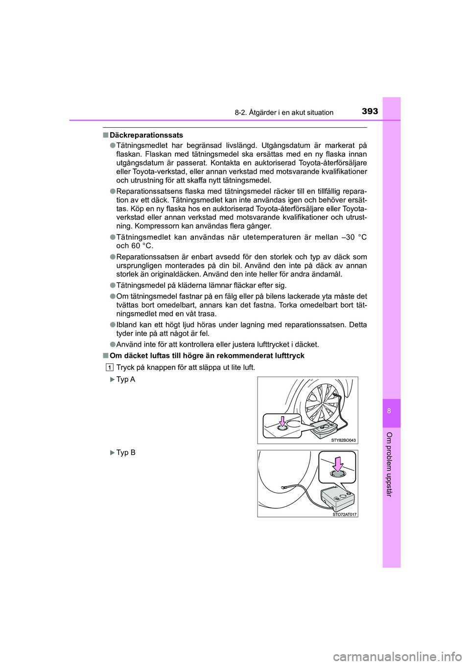 TOYOTA AYGO 2021 Bruksanvisningar (in Swedish) 3938-2. Åtgärder i en akut situation
8
Om problem uppstår
AYGO Europe OM9A012SE
nDäckreparationssats
lTätningsmedlet har begränsad livslängd. Utgångsdatum är markerat på\
flaskan. Flaskan m TOYOTA AYGO 2021 Bruksanvisningar (in Swedish) 3938-2. Åtgärder i en akut situation
8
Om problem uppstår
AYGO Europe OM9A012SE
nDäckreparationssats
lTätningsmedlet har begränsad livslängd. Utgångsdatum är markerat på\
flaskan. Flaskan m