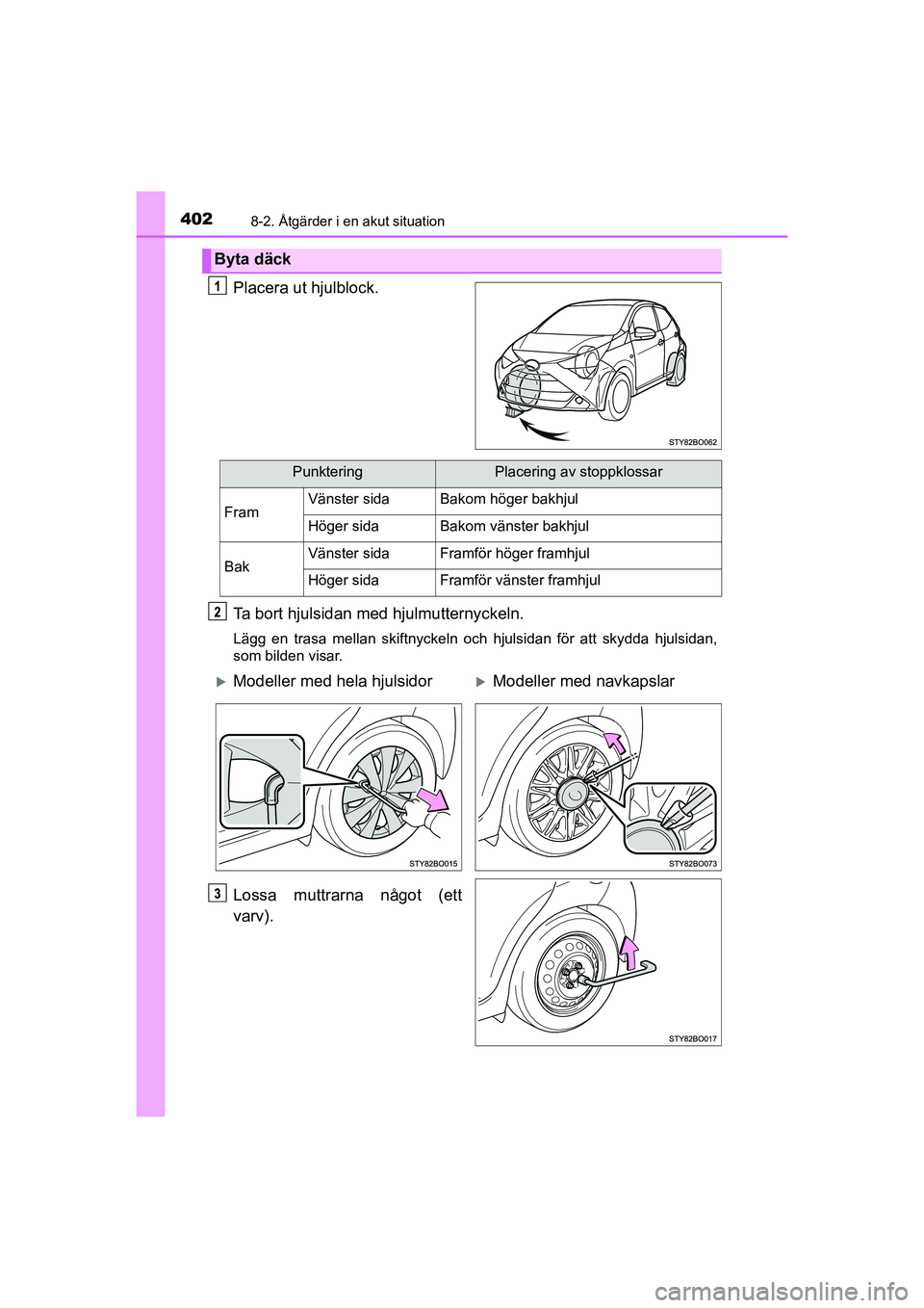 TOYOTA AYGO 2021 Bruksanvisningar (in Swedish) 4028-2. Åtgärder i en akut situation
AYGO Europe OM9A012SE
Placera ut hjulblock.
Ta bort hjulsidan med hjulmutternyckeln.
Lägg en trasa mellan skiftnyckeln och hjulsidan för att skydda hjulsidan,
TOYOTA AYGO 2021 Bruksanvisningar (in Swedish) 4028-2. Åtgärder i en akut situation
AYGO Europe OM9A012SE
Placera ut hjulblock.
Ta bort hjulsidan med hjulmutternyckeln.
Lägg en trasa mellan skiftnyckeln och hjulsidan för att skydda hjulsidan,