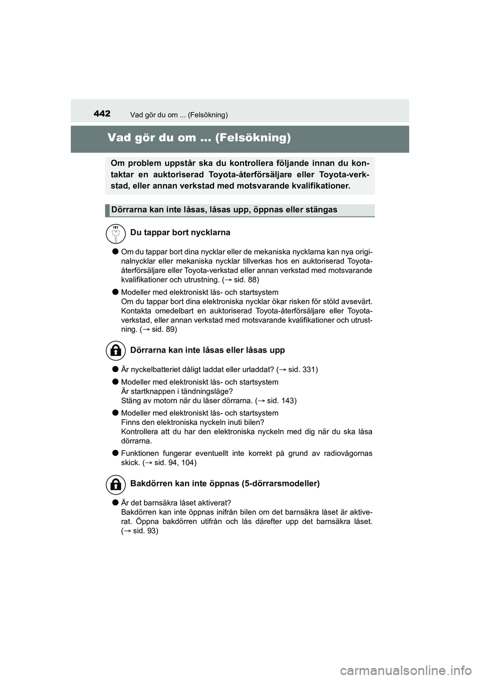 TOYOTA AYGO 2021 Bruksanvisningar (in Swedish) 442Vad gör du om ... (Felsökning)
AYGO Europe OM9A012SE
Vad gör du om ... (Felsökning)
lOm du tappar bort dina nycklar eller de mekaniska nycklarna kan nya origi-
nalnycklar eller mekaniska nyckla TOYOTA AYGO 2021 Bruksanvisningar (in Swedish) 442Vad gör du om ... (Felsökning)
AYGO Europe OM9A012SE
Vad gör du om ... (Felsökning)
lOm du tappar bort dina nycklar eller de mekaniska nycklarna kan nya origi-
nalnycklar eller mekaniska nyckla