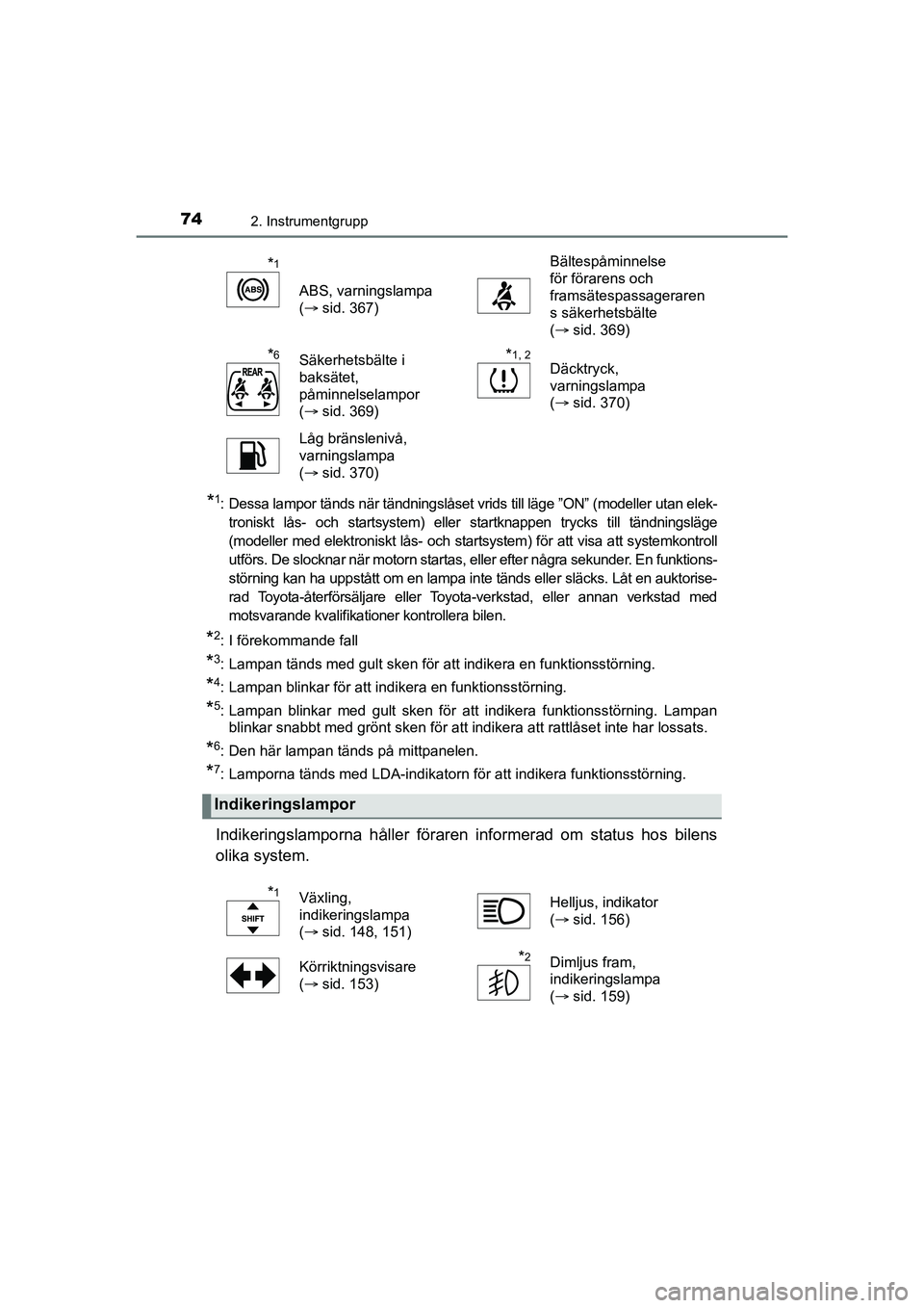 TOYOTA AYGO 2021  Bruksanvisningar (in Swedish) 742. Instrumentgrupp
AYGO Europe OM9A012SE
*1: Dessa lampor tänds när tändningslåset vrids till läge ”ON” (modeller utan elek-troniskt lås- och startsystem) eller startknappen trycks till t
