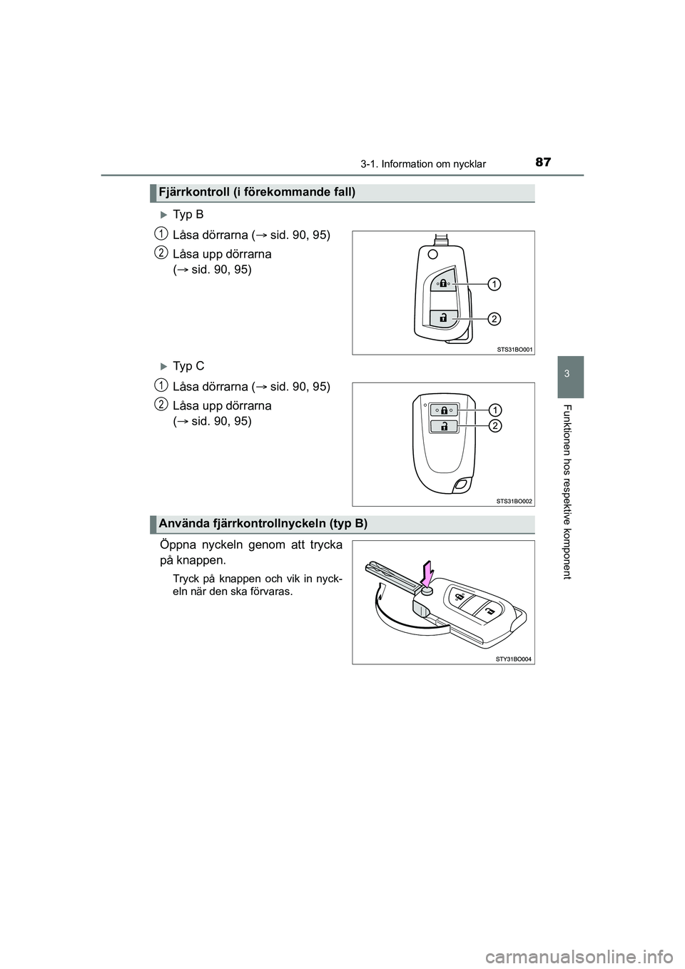TOYOTA AYGO 2021  Bruksanvisningar (in Swedish) 873-1. Information om nycklar
3
Funktionen hos respektive komponent
AYGO Europe OM9A012SE
Ty p  B
Låsa dörrarna (sid. 90, 95)
Låsa upp dörrarna 
(  sid. 90, 95)
Ty p  C
Låsa dörrarna
