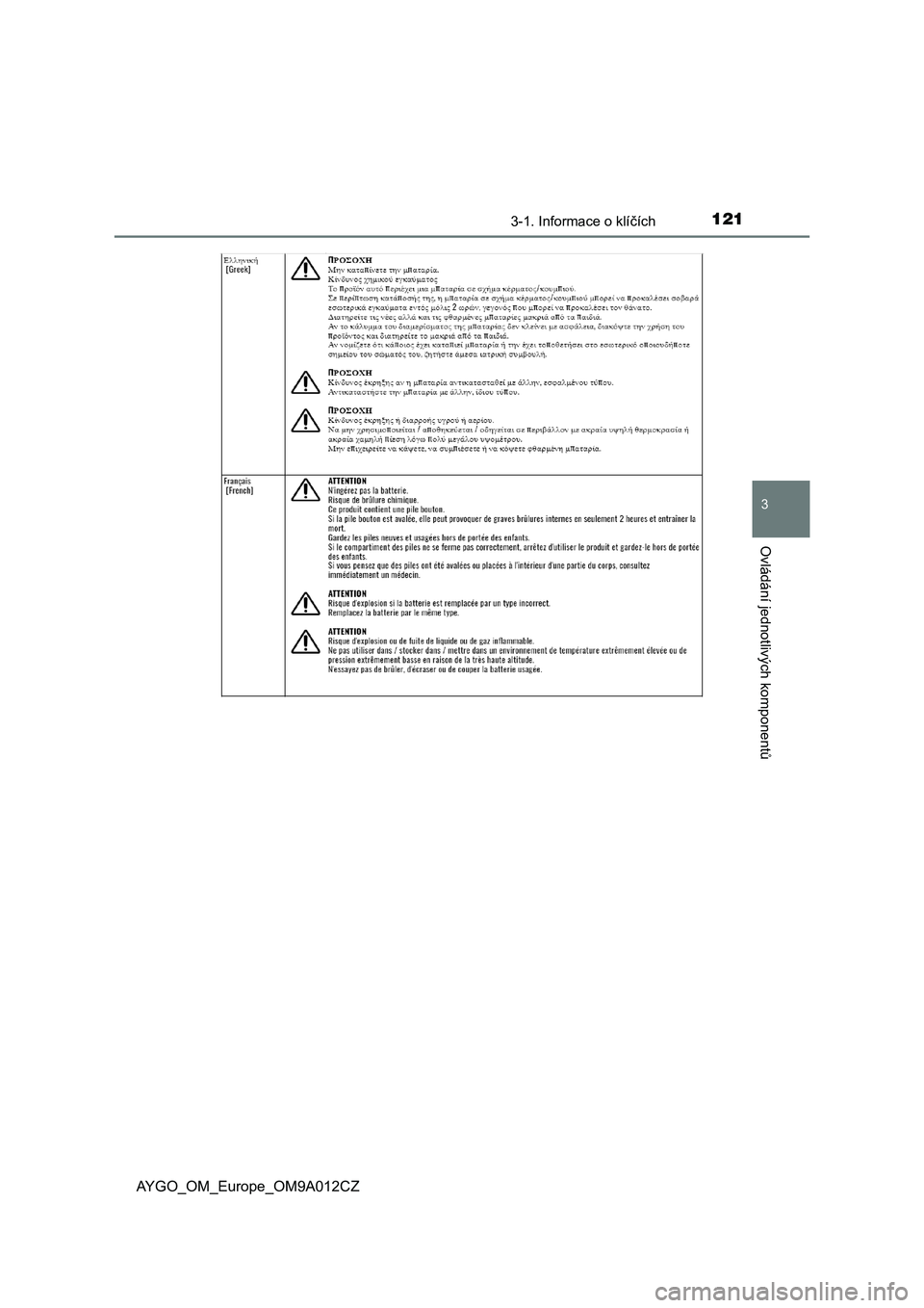 TOYOTA AYGO 2021 Návod na použití (in Czech) 1213-1. Informace o klíčích
3
Ovládání jednotlivých komponentů
AYGO_OM_Europe_OM9A012CZ TOYOTA AYGO 2021 Návod na použití (in Czech) 1213-1. Informace o klíčích
3
Ovládání jednotlivých komponentů
AYGO_OM_Europe_OM9A012CZ