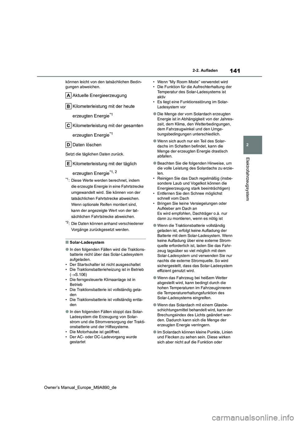 TOYOTA BZ4X 2023 Betriebsanleitungen (in German) 141
2
Owner’s Manual_Europe_M9A890_de
2-2. Aufladen
Elektrofahrzeugsystem
können leicht von den tatsächlichen Bedin- gungen abweichen.
Aktuelle Energieerzeugung
Kilometerleistung mit der heute
TOYOTA BZ4X 2023 Betriebsanleitungen (in German) 141
2
Owner’s Manual_Europe_M9A890_de
2-2. Aufladen
Elektrofahrzeugsystem
können leicht von den tatsächlichen Bedin- gungen abweichen.
Aktuelle Energieerzeugung
Kilometerleistung mit der heute