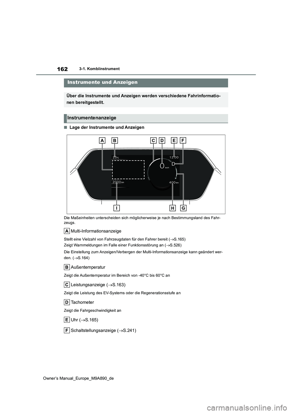 TOYOTA BZ4X 2023 Betriebsanleitungen (in German) 162
Owner’s Manual_Europe_M9A890_de
3-1. Kombiinstrument
■Lage der Instrumente und Anzeigen
Die Maßeinheiten unterscheiden sich möglicherweise je nach Bestimmungsland des Fahr- zeugs.
Multi-Info TOYOTA BZ4X 2023 Betriebsanleitungen (in German) 162
Owner’s Manual_Europe_M9A890_de
3-1. Kombiinstrument
■Lage der Instrumente und Anzeigen
Die Maßeinheiten unterscheiden sich möglicherweise je nach Bestimmungsland des Fahr- zeugs.
Multi-Info