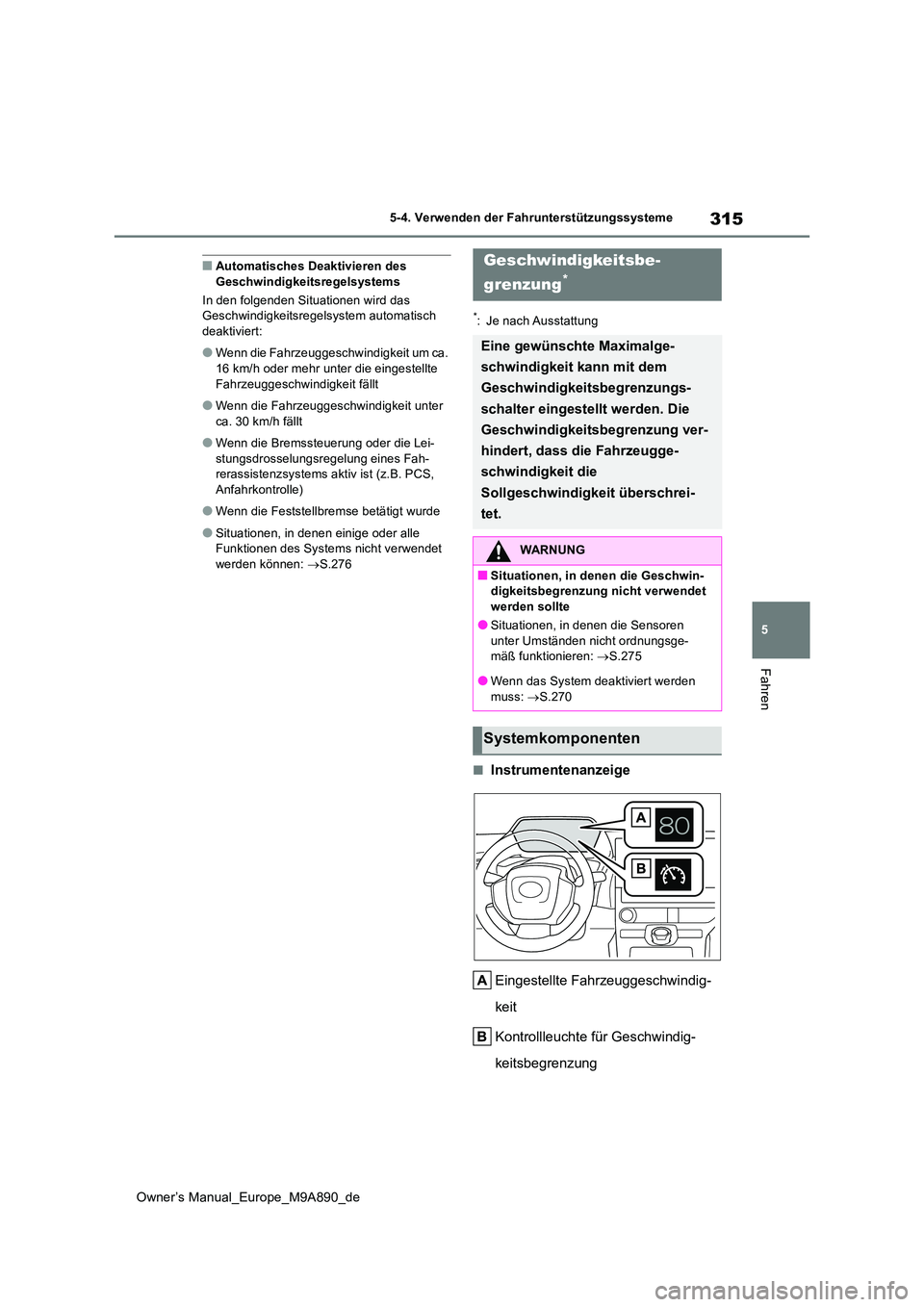 TOYOTA BZ4X 2023 Betriebsanleitungen (in German) 315
5
Owner’s Manual_Europe_M9A890_de
5-4. Verwenden der Fahrunterstützungssysteme
Fahren
■Automatisches Deaktivieren des Geschwindigkeitsregelsystems
In den folgenden Situationen wird das Ges TOYOTA BZ4X 2023 Betriebsanleitungen (in German) 315
5
Owner’s Manual_Europe_M9A890_de
5-4. Verwenden der Fahrunterstützungssysteme
Fahren
■Automatisches Deaktivieren des Geschwindigkeitsregelsystems
In den folgenden Situationen wird das Ges