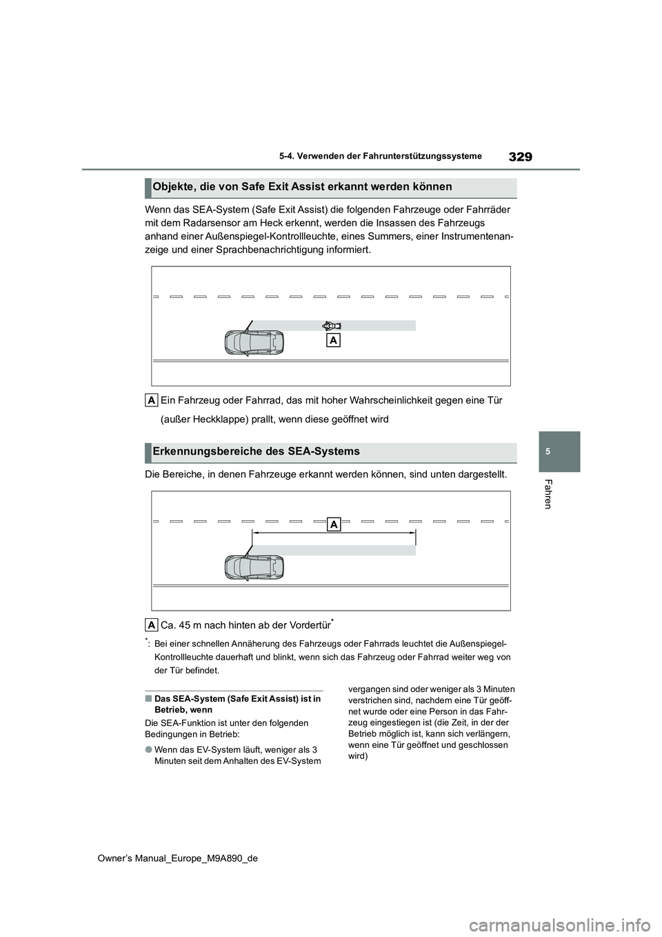 TOYOTA BZ4X 2023 Betriebsanleitungen (in German) 329
5
Owner’s Manual_Europe_M9A890_de
5-4. Verwenden der Fahrunterstützungssysteme
Fahren
Wenn das SEA-System (Safe Exit Assist) die folgenden Fahrzeuge oder Fahrräder
mit dem Radarsensor am Hec TOYOTA BZ4X 2023 Betriebsanleitungen (in German) 329
5
Owner’s Manual_Europe_M9A890_de
5-4. Verwenden der Fahrunterstützungssysteme
Fahren
Wenn das SEA-System (Safe Exit Assist) die folgenden Fahrzeuge oder Fahrräder
mit dem Radarsensor am Hec