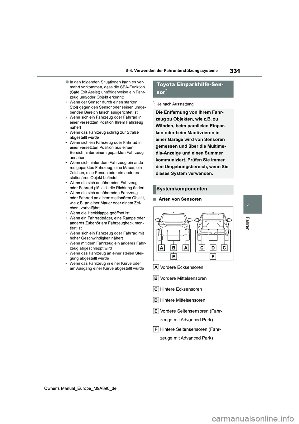 TOYOTA BZ4X 2023 Betriebsanleitungen (in German) 331
5
Owner’s Manual_Europe_M9A890_de
5-4. Verwenden der Fahrunterstützungssysteme
Fahren
●In den folgenden Situationen kann es ver- mehrt vorkommen, dass die SEA-Funktion (Safe Exit Assist) unn TOYOTA BZ4X 2023 Betriebsanleitungen (in German) 331
5
Owner’s Manual_Europe_M9A890_de
5-4. Verwenden der Fahrunterstützungssysteme
Fahren
●In den folgenden Situationen kann es ver- mehrt vorkommen, dass die SEA-Funktion (Safe Exit Assist) unn