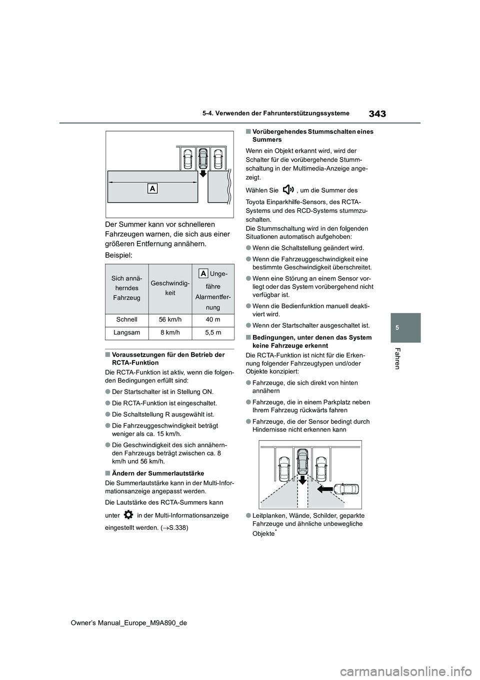 TOYOTA BZ4X 2023  Betriebsanleitungen (in German) 343
5
Owner’s Manual_Europe_M9A890_de
5-4. Verwenden der Fahrunterstützungssysteme
Fahren
Der Summer kann vor schnelleren  
Fahrzeugen warnen, die sich aus einer 
größeren Entfernung annähern. 
