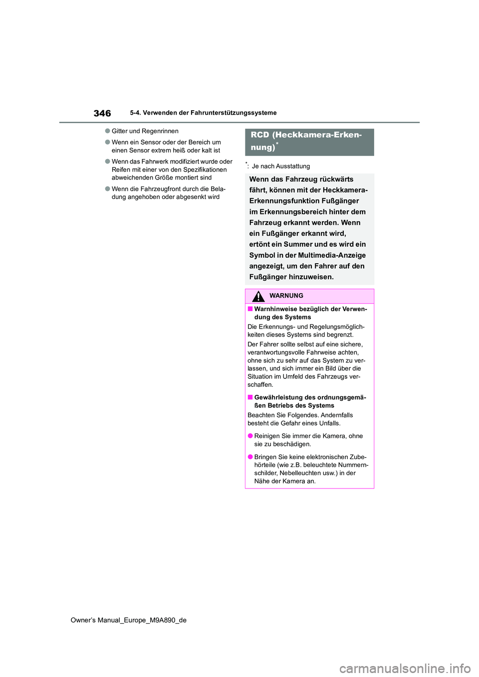 TOYOTA BZ4X 2023  Betriebsanleitungen (in German) 346
Owner’s Manual_Europe_M9A890_de
5-4. Verwenden der Fahrunterstützungssysteme
●Gitter und Regenrinnen
●Wenn ein Sensor oder der Bereich um  
einen Sensor extrem heiß oder kalt ist
●Wenn d