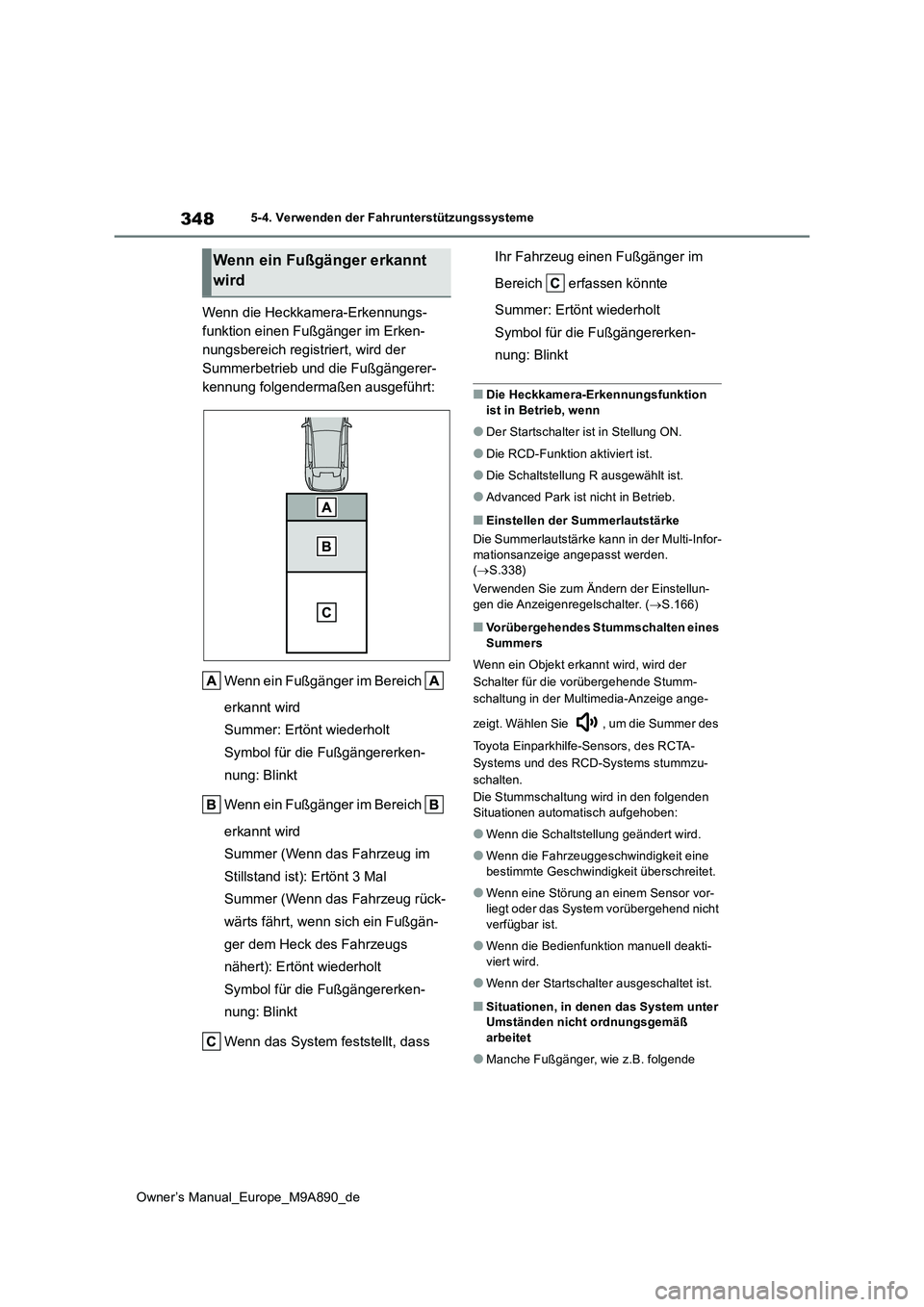 TOYOTA BZ4X 2023  Betriebsanleitungen (in German) 348
Owner’s Manual_Europe_M9A890_de
5-4. Verwenden der Fahrunterstützungssysteme
Wenn die Heckkamera-Erkennungs- 
funktion einen Fußgänger im Erken-
nungsbereich registriert, wird der 
Summerbetr