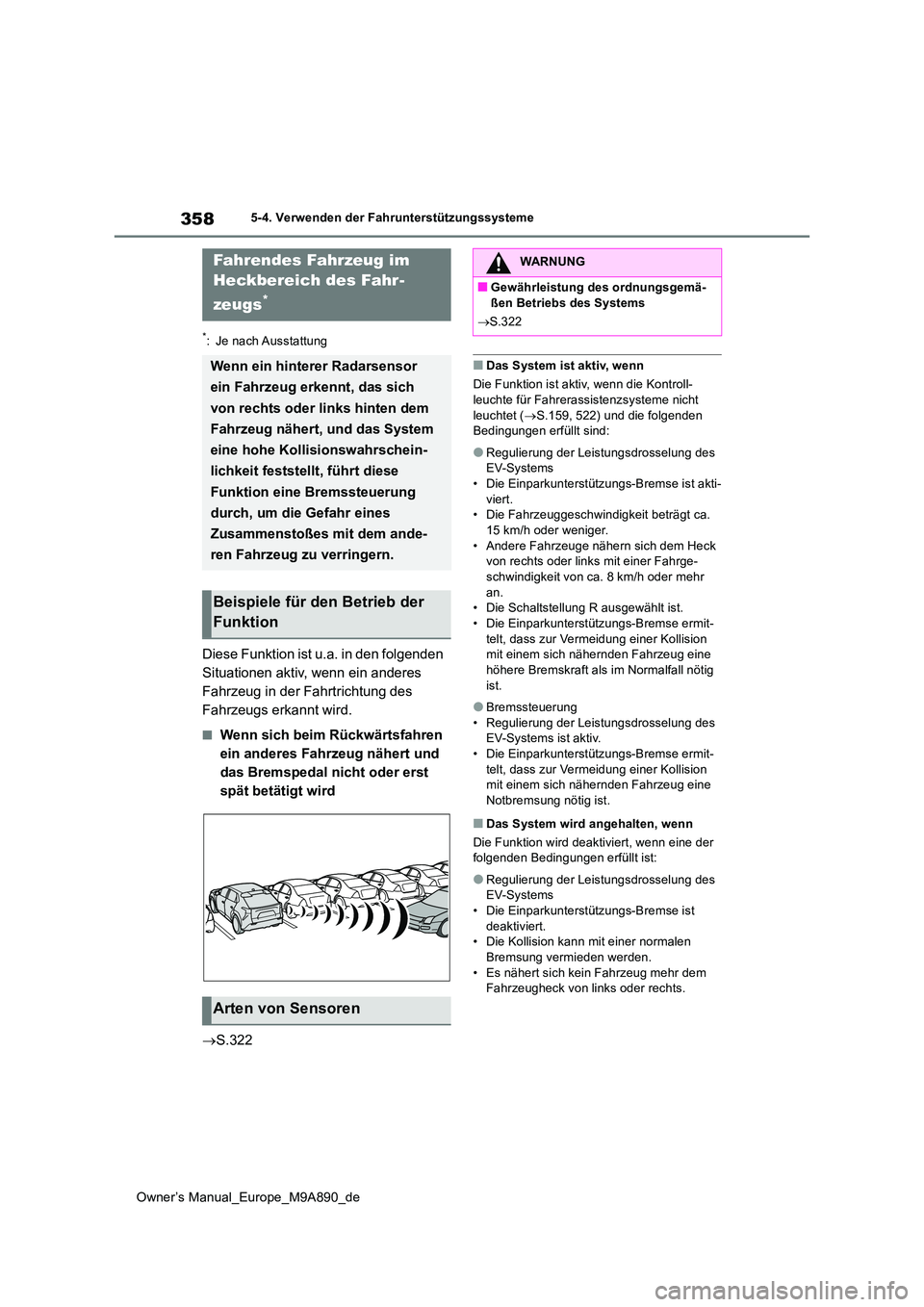 TOYOTA BZ4X 2023  Betriebsanleitungen (in German) 358
Owner’s Manual_Europe_M9A890_de
5-4. Verwenden der Fahrunterstützungssysteme
*: Je nach Ausstattung
Diese Funktion ist u.a. in den folgenden  
Situationen aktiv, wenn ein anderes 
Fahrzeug in d