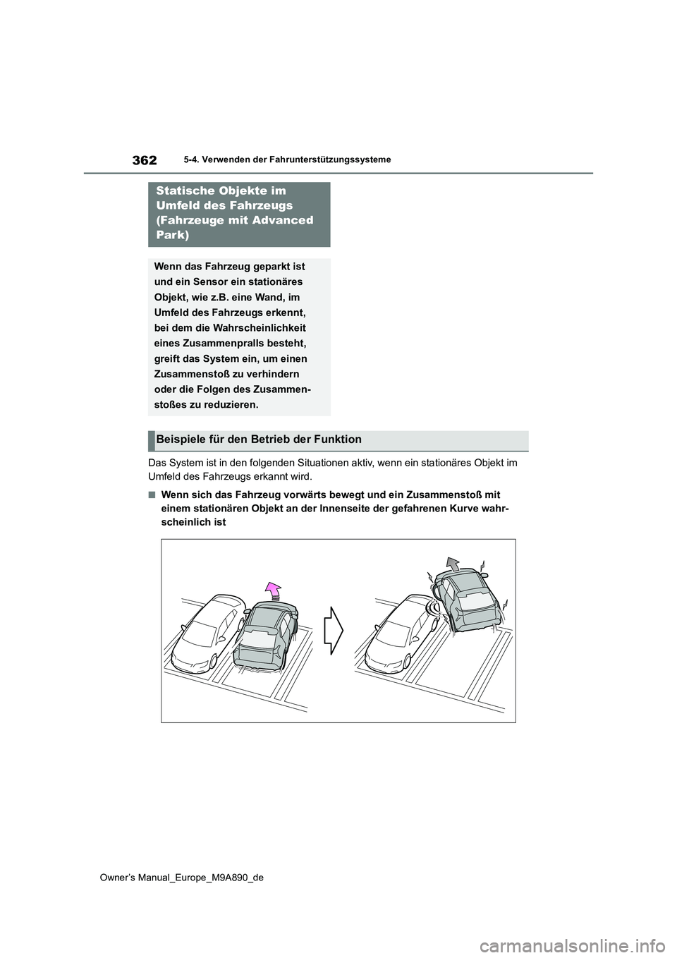 TOYOTA BZ4X 2023 Betriebsanleitungen (in German) 362
Owner’s Manual_Europe_M9A890_de
5-4. Verwenden der Fahrunterstützungssysteme
Das System ist in den folgenden Situationen aktiv, wenn ein stationäres Objekt im
Umfeld des Fahrzeugs erkannt wi TOYOTA BZ4X 2023 Betriebsanleitungen (in German) 362
Owner’s Manual_Europe_M9A890_de
5-4. Verwenden der Fahrunterstützungssysteme
Das System ist in den folgenden Situationen aktiv, wenn ein stationäres Objekt im
Umfeld des Fahrzeugs erkannt wi