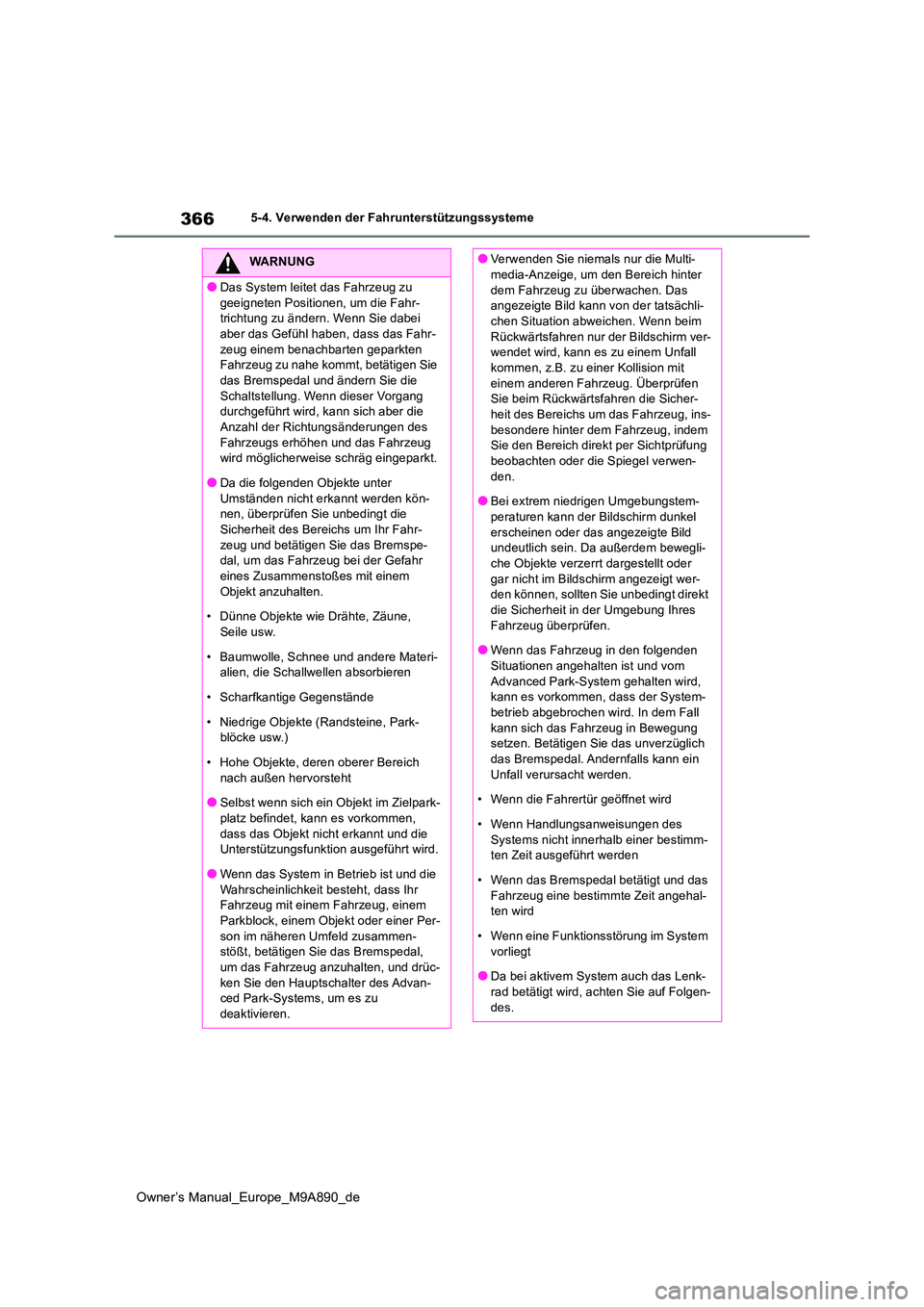TOYOTA BZ4X 2023 Betriebsanleitungen (in German) 366
Owner’s Manual_Europe_M9A890_de
5-4. Verwenden der Fahrunterstützungssysteme
WARNUNG
●Das System leitet das Fahrzeug zu
geeigneten Positionen, um die Fahr- trichtung zu ändern. Wenn Sie da TOYOTA BZ4X 2023 Betriebsanleitungen (in German) 366
Owner’s Manual_Europe_M9A890_de
5-4. Verwenden der Fahrunterstützungssysteme
WARNUNG
●Das System leitet das Fahrzeug zu
geeigneten Positionen, um die Fahr- trichtung zu ändern. Wenn Sie da