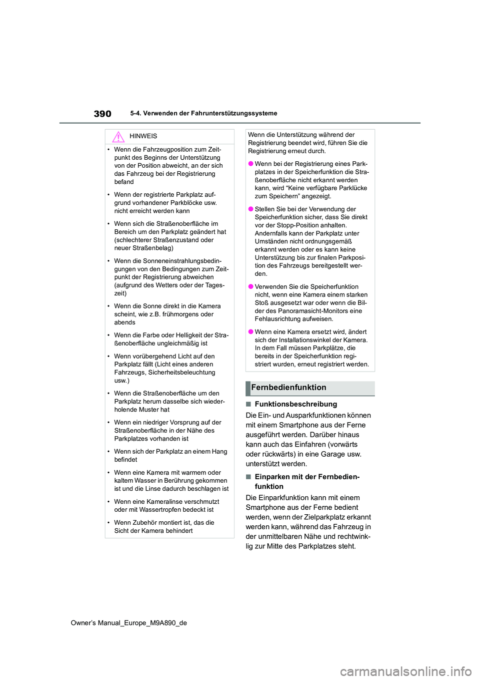 TOYOTA BZ4X 2023  Betriebsanleitungen (in German) 390
Owner’s Manual_Europe_M9A890_de
5-4. Verwenden der Fahrunterstützungssysteme
■Funktionsbeschreibung 
Die Ein- und Ausparkfunktionen können  
mit einem Smartphone aus der Ferne 
ausgeführt w