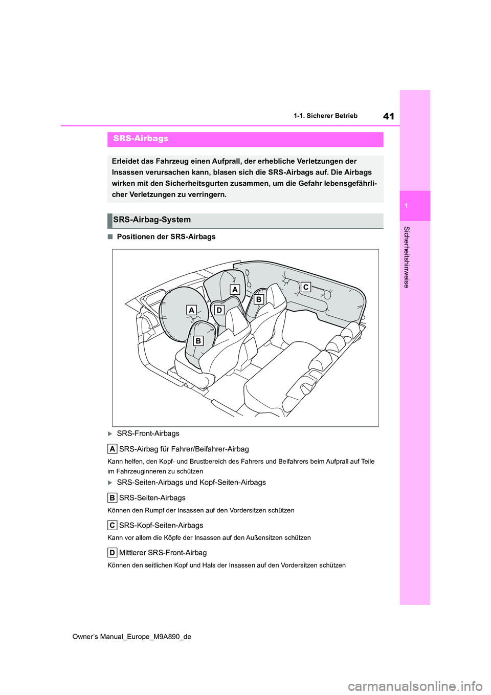 TOYOTA BZ4X 2023 Betriebsanleitungen (in German) 41
1
Owner’s Manual_Europe_M9A890_de
1-1. Sicherer Betrieb
Sicherheitshinweise
■Positionen der SRS-Airbags
SRS-Front-Airbags
SRS-Airbag für Fahrer/Beifahrer-Airbag
Kann helfen, den Kopf- und TOYOTA BZ4X 2023 Betriebsanleitungen (in German) 41
1
Owner’s Manual_Europe_M9A890_de
1-1. Sicherer Betrieb
Sicherheitshinweise
■Positionen der SRS-Airbags
SRS-Front-Airbags
SRS-Airbag für Fahrer/Beifahrer-Airbag
Kann helfen, den Kopf- und
