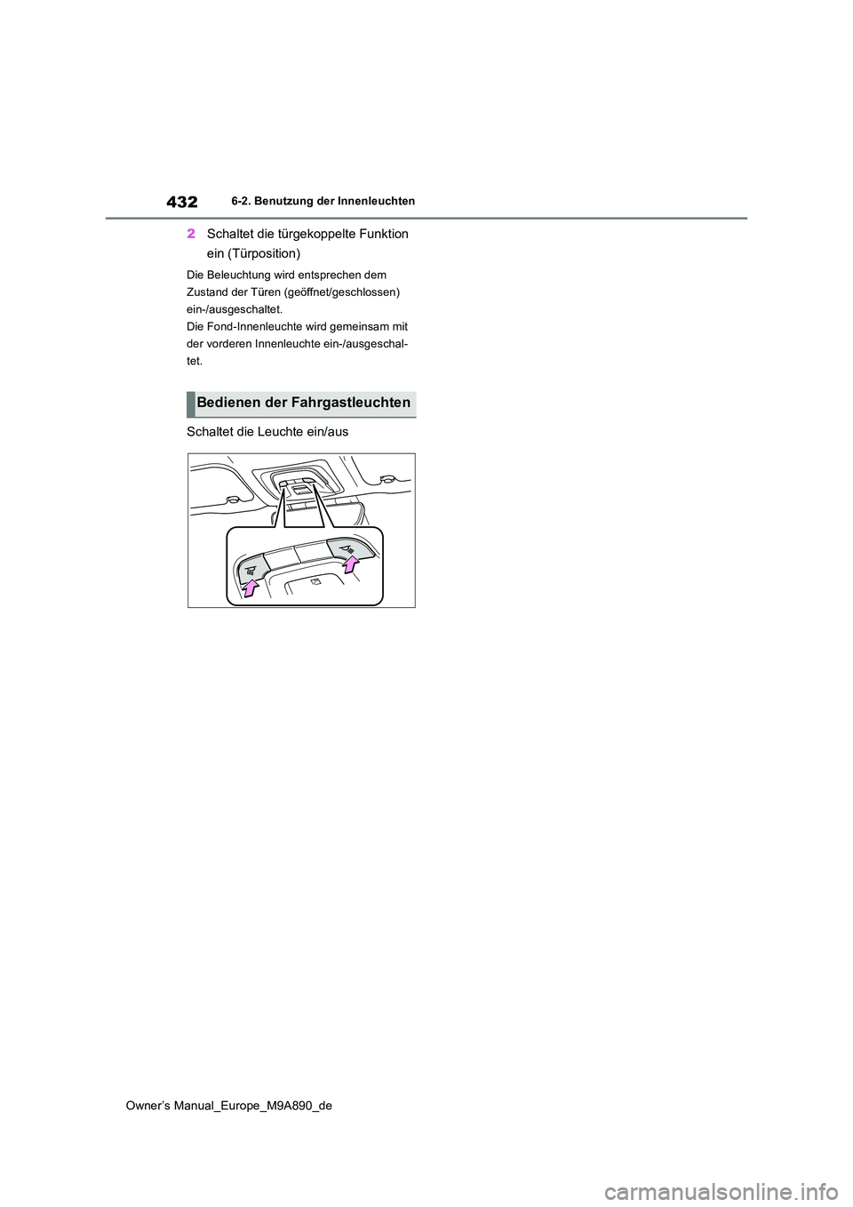 TOYOTA BZ4X 2023  Betriebsanleitungen (in German) 432
Owner’s Manual_Europe_M9A890_de
6-2. Benutzung der Innenleuchten
2Schaltet die türgekoppelte Funktion  
ein (Türposition)
Die Beleuchtung wird entsprechen dem  
Zustand der Türen (geöffnet/g