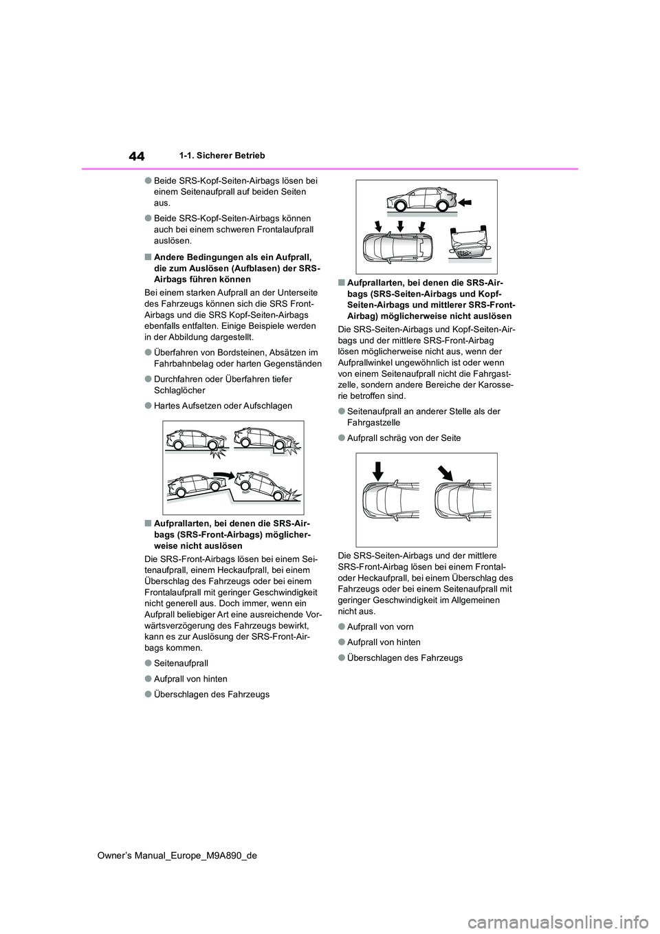 TOYOTA BZ4X 2023  Betriebsanleitungen (in German) 44
Owner’s Manual_Europe_M9A890_de
1-1. Sicherer Betrieb
●Beide SRS-Kopf-Seiten-Airbags lösen bei  einem Seitenaufprall auf beiden Seiten aus.
●Beide SRS-Kopf-Seiten-Airbags können auch bei ei