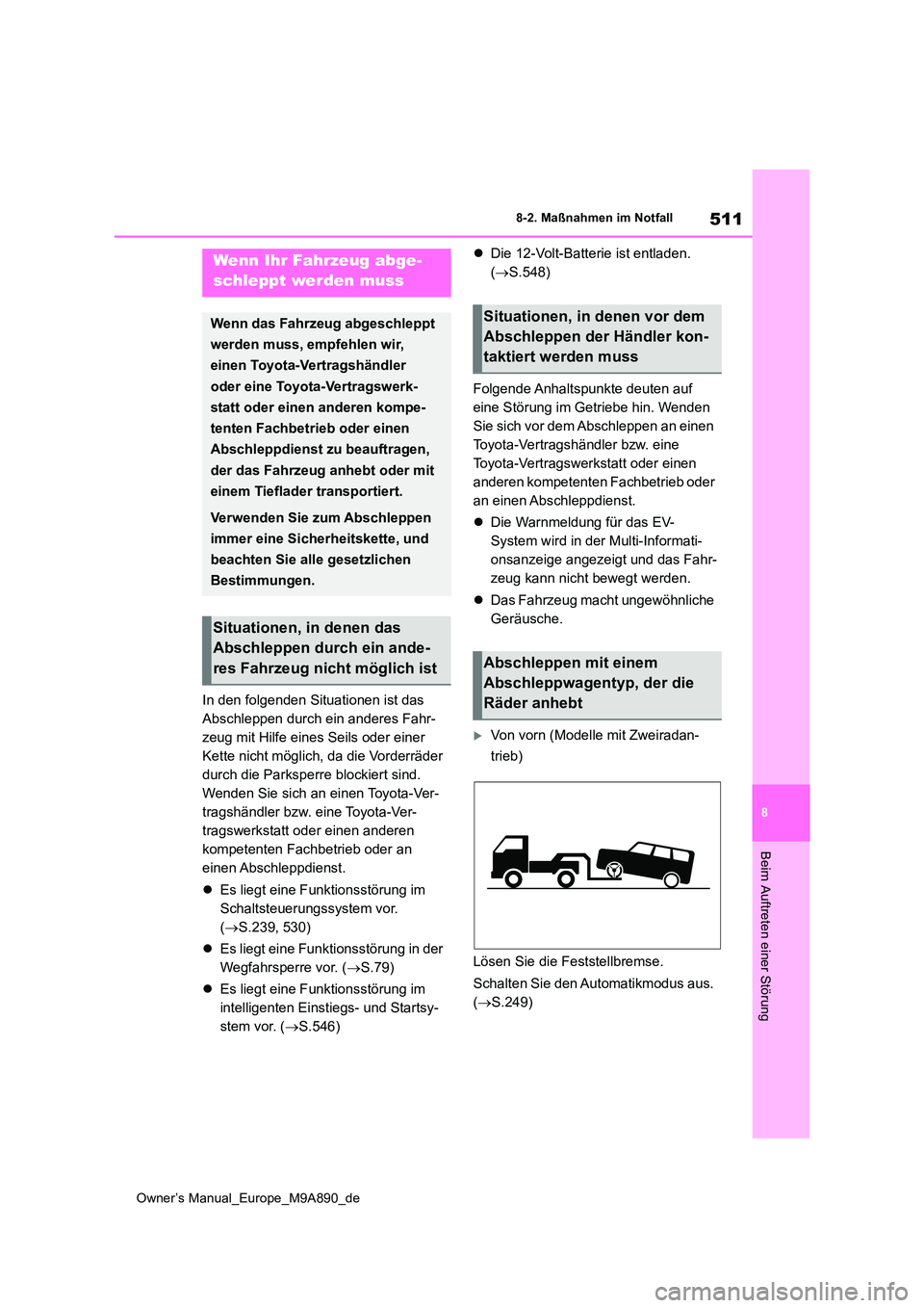 TOYOTA BZ4X 2023 Betriebsanleitungen (in German) 511
8
Owner’s Manual_Europe_M9A890_de
8-2. Maßnahmen im Notfall
Beim Auftreten einer Störung
8-2.Maßna hmen im Notfall
In den folgenden Situationen ist das
Abschleppen durch ein anderes Fahr-
z TOYOTA BZ4X 2023 Betriebsanleitungen (in German) 511
8
Owner’s Manual_Europe_M9A890_de
8-2. Maßnahmen im Notfall
Beim Auftreten einer Störung
8-2.Maßna hmen im Notfall
In den folgenden Situationen ist das
Abschleppen durch ein anderes Fahr-
z