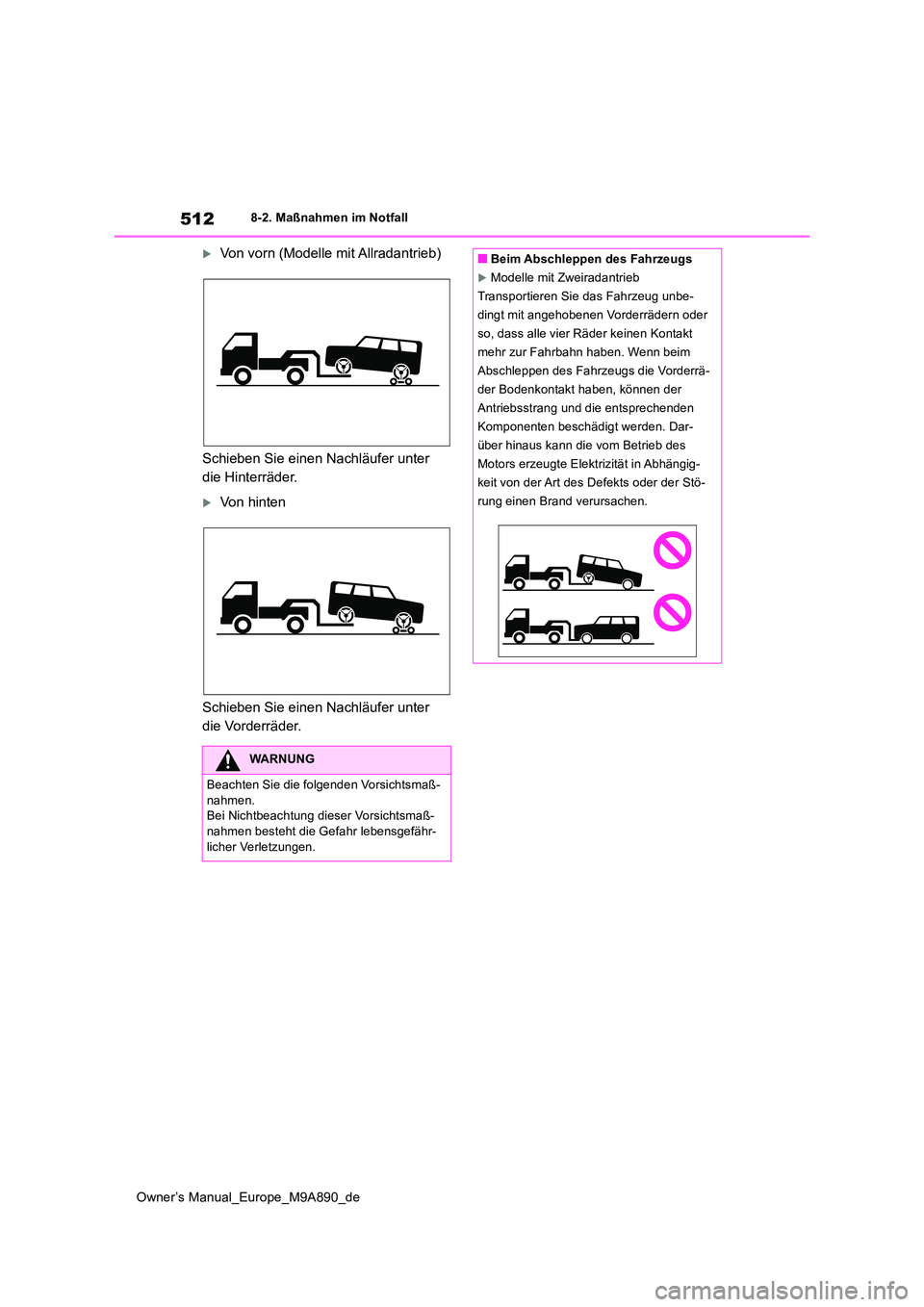 TOYOTA BZ4X 2023 Betriebsanleitungen (in German) 512
Owner’s Manual_Europe_M9A890_de
8-2. Maßnahmen im Notfall
Von vorn (Modelle mit Allradantrieb)
Schieben Sie einen Nachläufer unter
die Hinterräder.
Von hinten
Schieben Sie einen Nac TOYOTA BZ4X 2023 Betriebsanleitungen (in German) 512
Owner’s Manual_Europe_M9A890_de
8-2. Maßnahmen im Notfall
Von vorn (Modelle mit Allradantrieb)
Schieben Sie einen Nachläufer unter
die Hinterräder.
Von hinten
Schieben Sie einen Nac