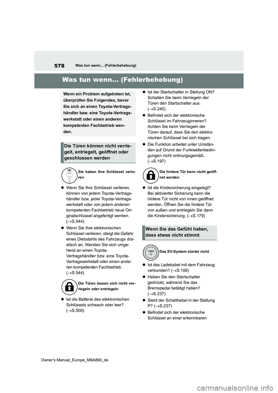 TOYOTA BZ4X 2023 Betriebsanleitungen (in German) 578
Owner’s Manual_Europe_M9A890_de
Was tun wenn... (Fehlerbehebung)
1-1.Was tun wenn... (Fe hle rbe hebun g)Was tun wenn... (Fehlerbehebung)
Wenn Sie Ihre Schlüssel verlieren,
können von jed TOYOTA BZ4X 2023 Betriebsanleitungen (in German) 578
Owner’s Manual_Europe_M9A890_de
Was tun wenn... (Fehlerbehebung)
1-1.Was tun wenn... (Fe hle rbe hebun g)Was tun wenn... (Fehlerbehebung)
Wenn Sie Ihre Schlüssel verlieren,
können von jed