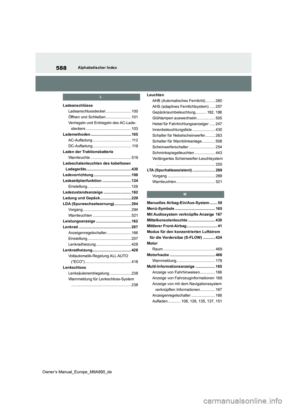 TOYOTA BZ4X 2023 Betriebsanleitungen (in German) 588
Owner’s Manual_Europe_M9A890_de
Alphabetischer Index
L
Ladeanschlüsse
Ladeanschlussdeckel ........................ 100
Öffnen und Schließen........................ 101
Verriegeln und Entrieg TOYOTA BZ4X 2023 Betriebsanleitungen (in German) 588
Owner’s Manual_Europe_M9A890_de
Alphabetischer Index
L
Ladeanschlüsse
Ladeanschlussdeckel ........................ 100
Öffnen und Schließen........................ 101
Verriegeln und Entrieg