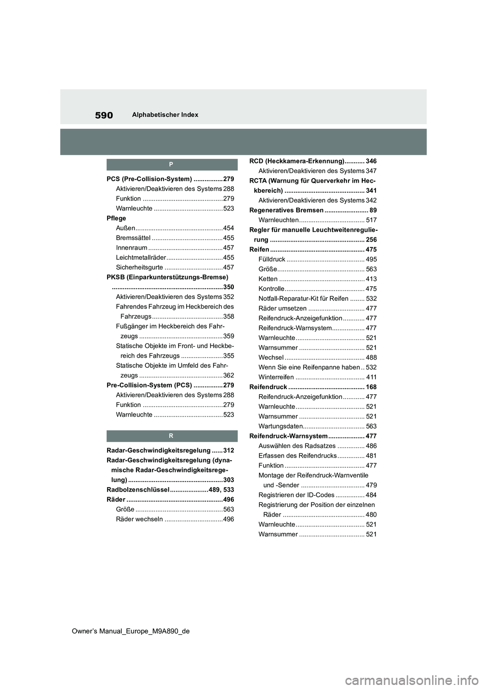 TOYOTA BZ4X 2023 Betriebsanleitungen (in German) 590
Owner’s Manual_Europe_M9A890_de
Alphabetischer Index
P
PCS (Pre-Collision-System) ................ 279
Aktivieren/Deaktivieren des Systems 288
Funktion ......................................... TOYOTA BZ4X 2023 Betriebsanleitungen (in German) 590
Owner’s Manual_Europe_M9A890_de
Alphabetischer Index
P
PCS (Pre-Collision-System) ................ 279
Aktivieren/Deaktivieren des Systems 288
Funktion .........................................