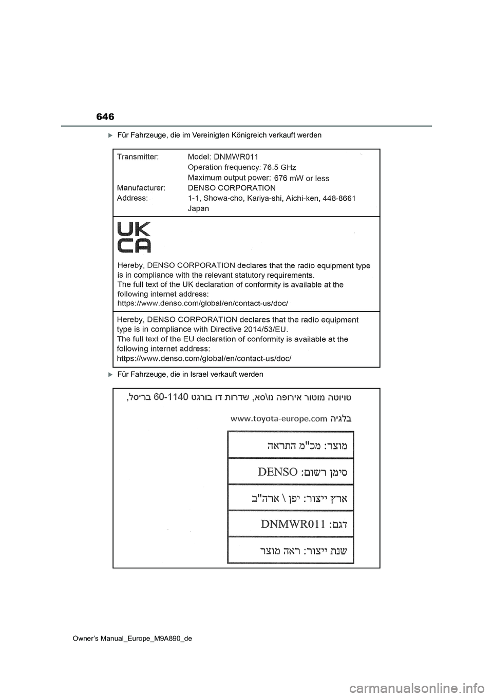 TOYOTA BZ4X 2023 Betriebsanleitungen (in German) 646
Owner’s Manual_Europe_M9A890_de
Für Fahrzeuge, die im Vereinigten Königreich verkauft werden
Für Fahrzeuge, die in Israel verkauft werden TOYOTA BZ4X 2023 Betriebsanleitungen (in German) 646
Owner’s Manual_Europe_M9A890_de
Für Fahrzeuge, die im Vereinigten Königreich verkauft werden
Für Fahrzeuge, die in Israel verkauft werden