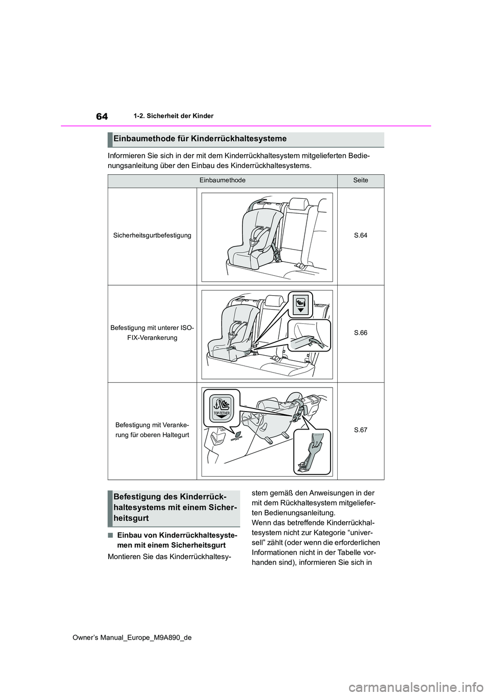 TOYOTA BZ4X 2023 Betriebsanleitungen (in German) 64
Owner’s Manual_Europe_M9A890_de
1-2. Sicherheit der Kinder
Informieren Sie sich in der mit dem Kinderrückhaltesystem mitgelieferten Bedie-
nungsanleitung über den Einbau des Kinderrückhaltesy TOYOTA BZ4X 2023 Betriebsanleitungen (in German) 64
Owner’s Manual_Europe_M9A890_de
1-2. Sicherheit der Kinder
Informieren Sie sich in der mit dem Kinderrückhaltesystem mitgelieferten Bedie-
nungsanleitung über den Einbau des Kinderrückhaltesy